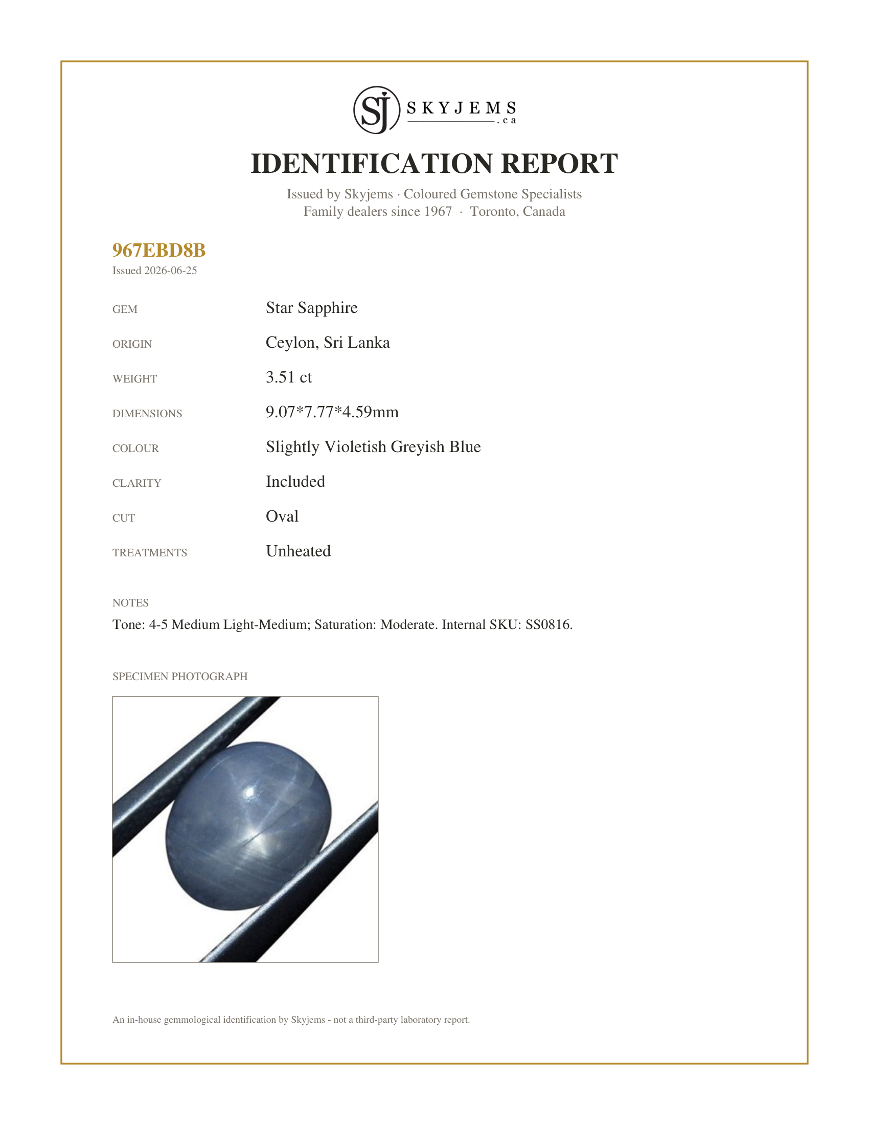 Skyjems Identification Report for SS0816 — 3.51 ct Unheated Blue Ceylon Star Sapphire