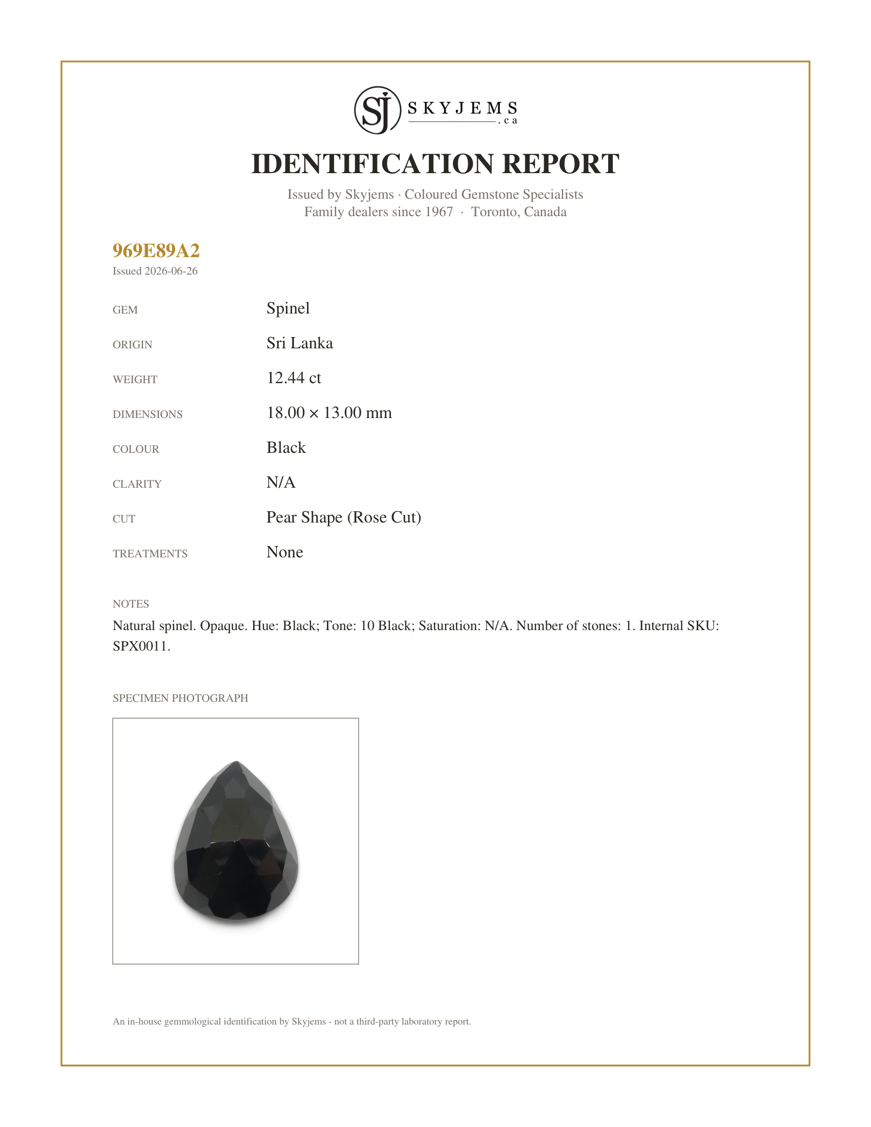 Skyjems Identification Report for SPX0011 — 12.44ct Rose Cut 18x13mm Pear Shape Black Spinel from Sri Lanka