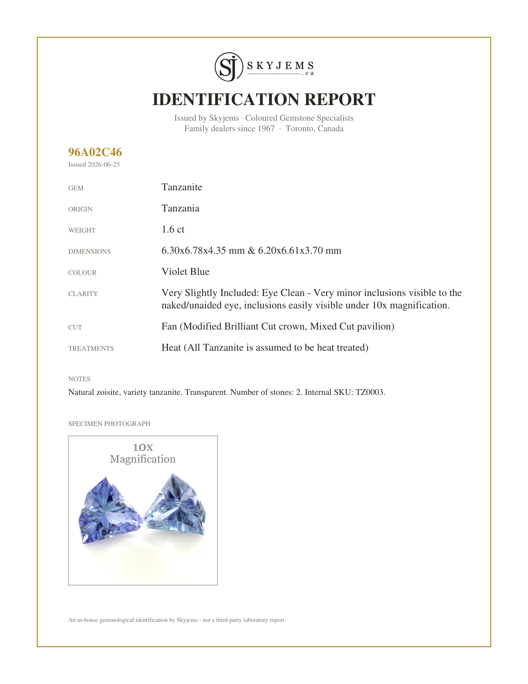 Skyjems Identification Report for TZ0003 — 1.6ct Fan Tanzanite Precision Cut Pair