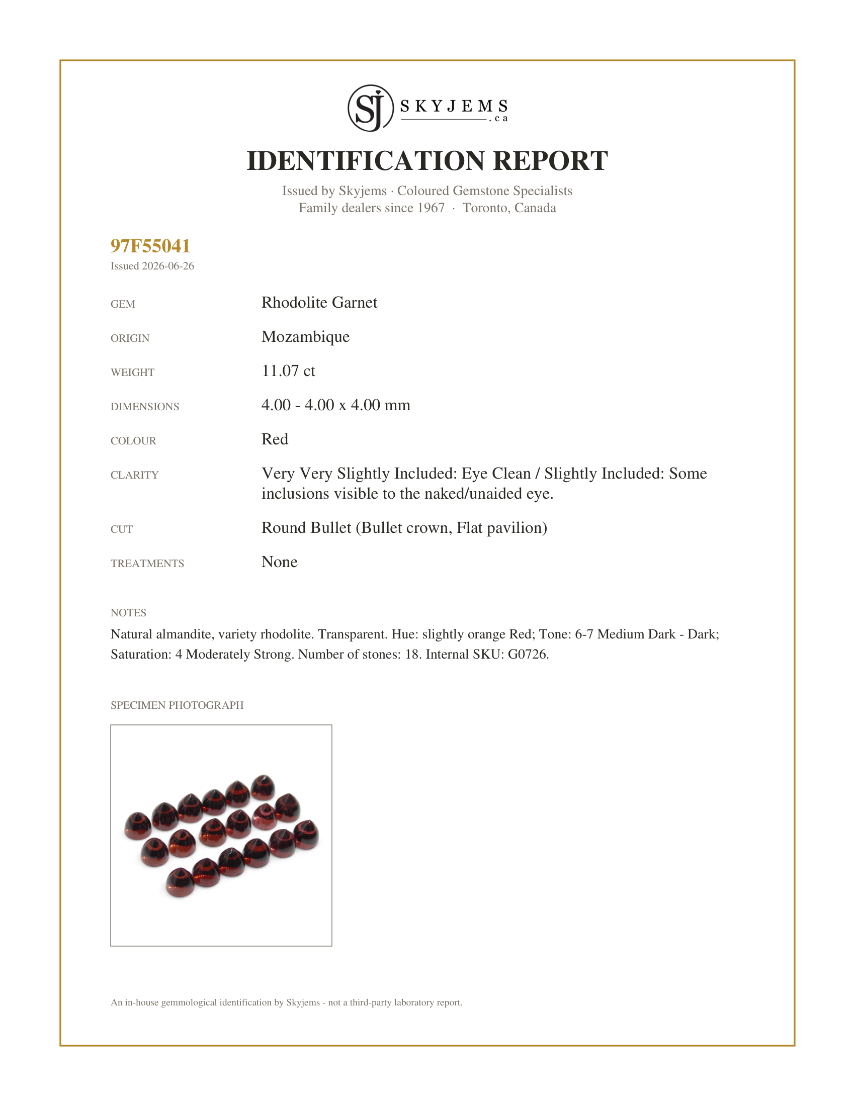 Skyjems Identification Report for G0726 — 11.07ct Almandine/Almandite Round Bullet Red Rhodolite Garnet from Mozambique Wholesale Lot