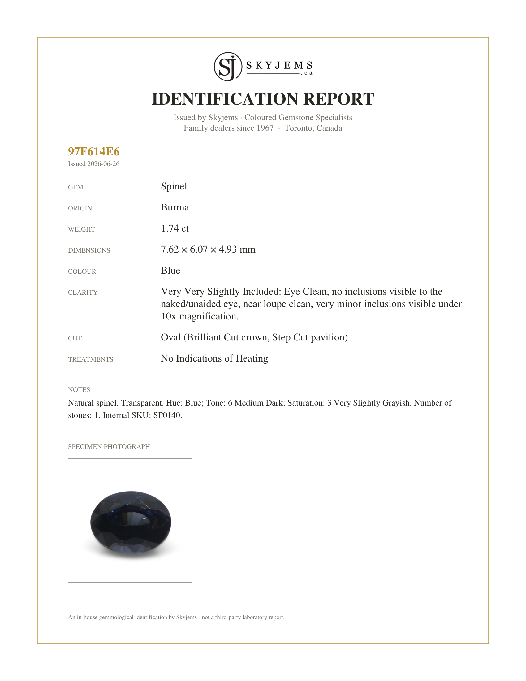 Skyjems Identification Report for SP0140 — 1.74ct Oval Blue Spinel from Burma