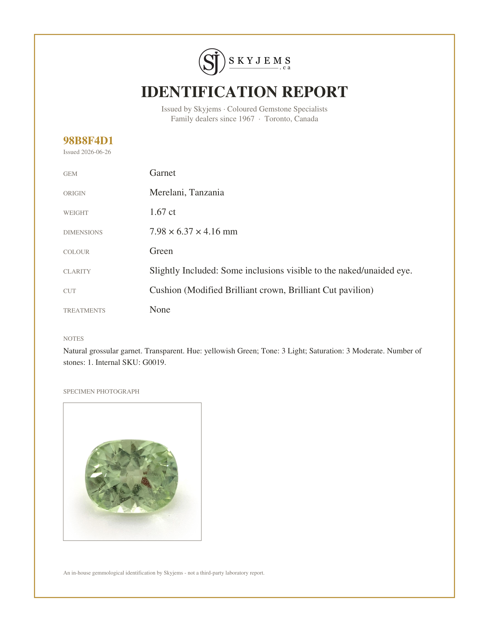 Skyjems Identification Report for G0019 — 1.67ct Cushion Green Merelani Mint Tsavorite Garnet from Tanzania