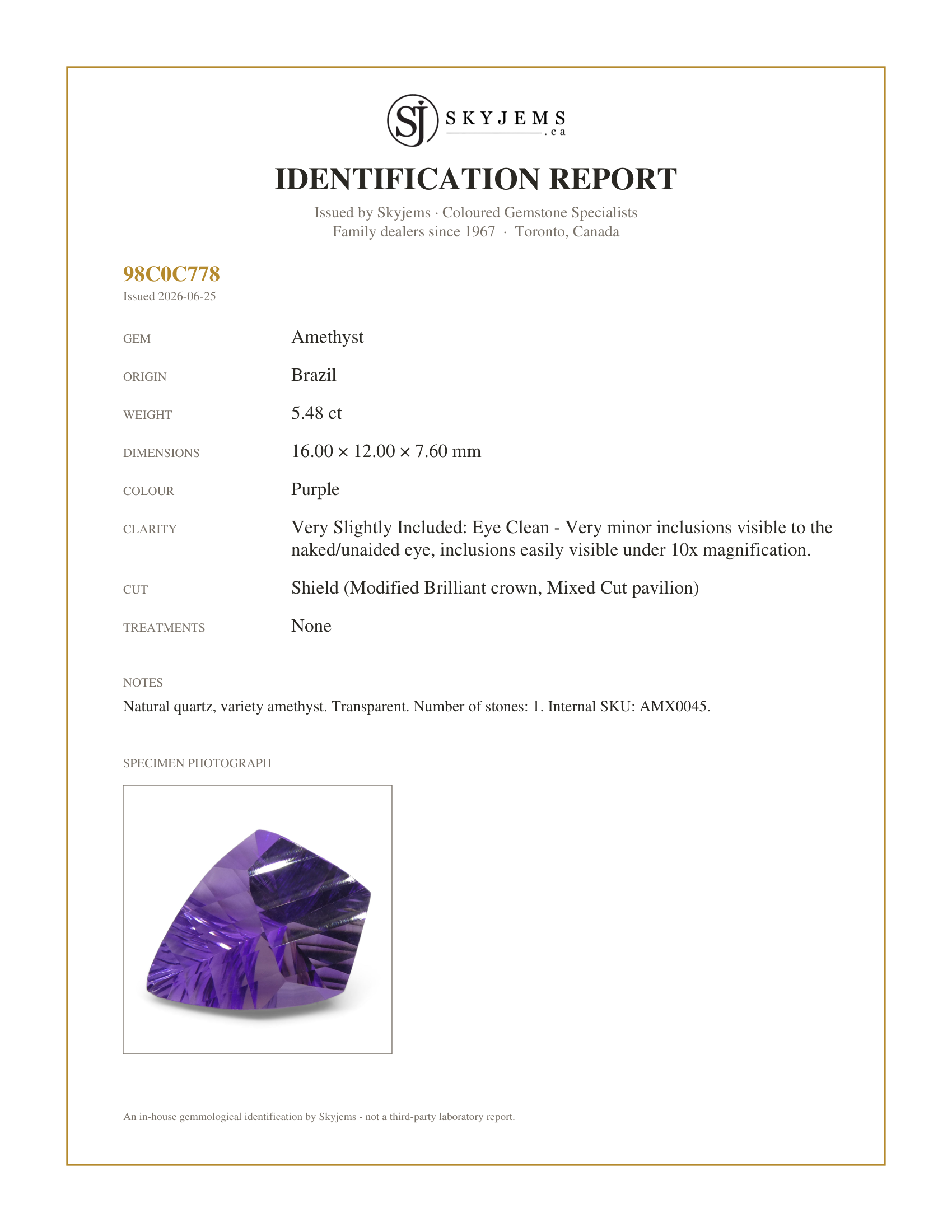 Skyjems Identification Report for AMX0045 — 5.48ct Shield Amethyst 'Eleanor' Fantasy/Fancy Cut