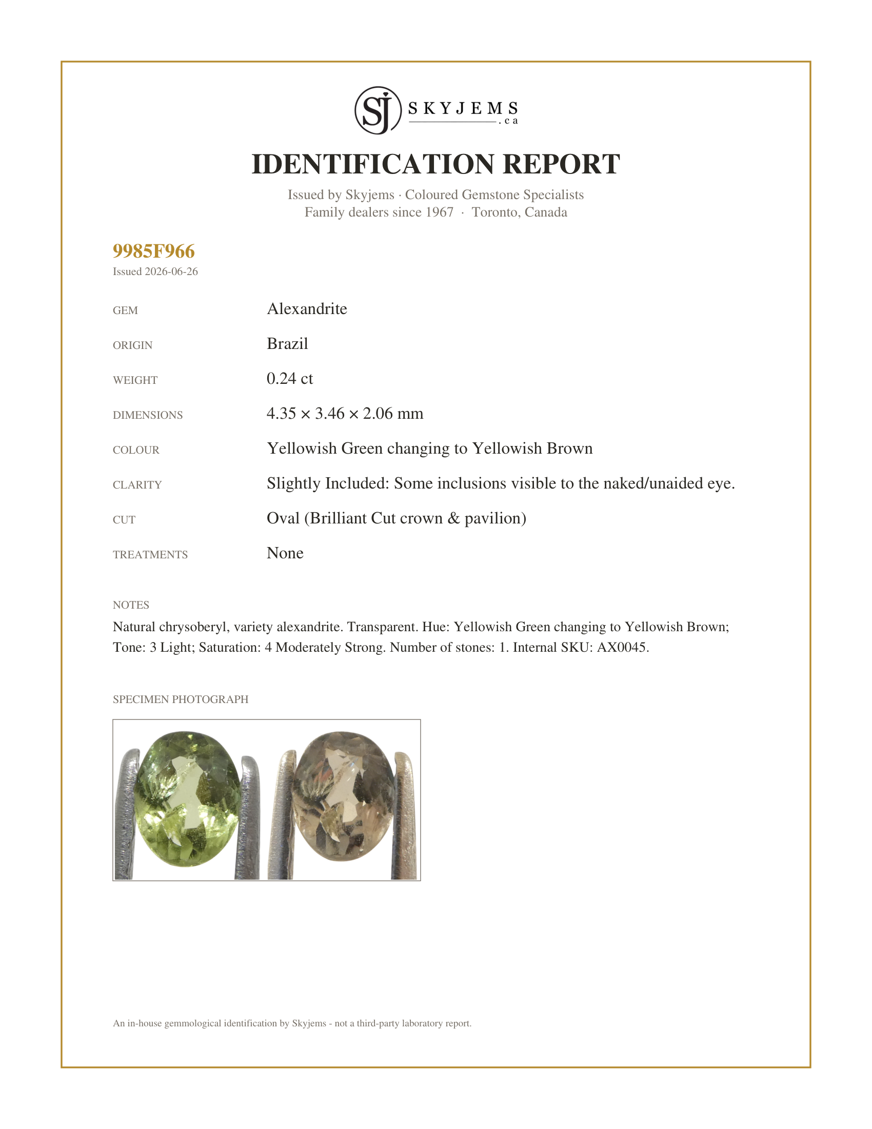 Skyjems Identification Report for AX0045 — 0.24ct Oval Yellowish Green to Yellowish Brown Alexandrite from Brazil, Unheated