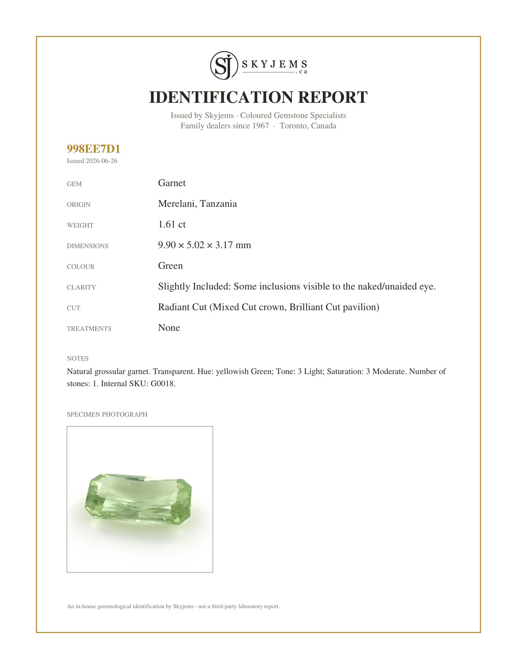 Skyjems Identification Report for G0018 — 1.61ct Radiant Cut Green Merelani Mint Tsavorite Garnet from Tanzania