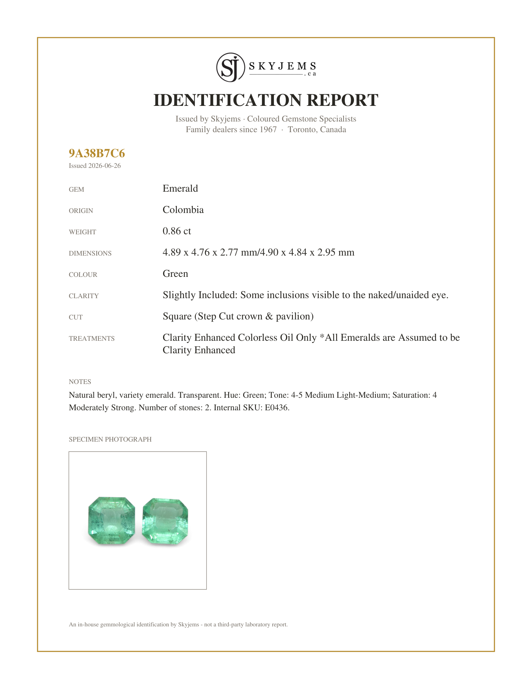 Skyjems Identification Report for E0436 — 0.86ct Pair Square Green Emerald from Colombia
