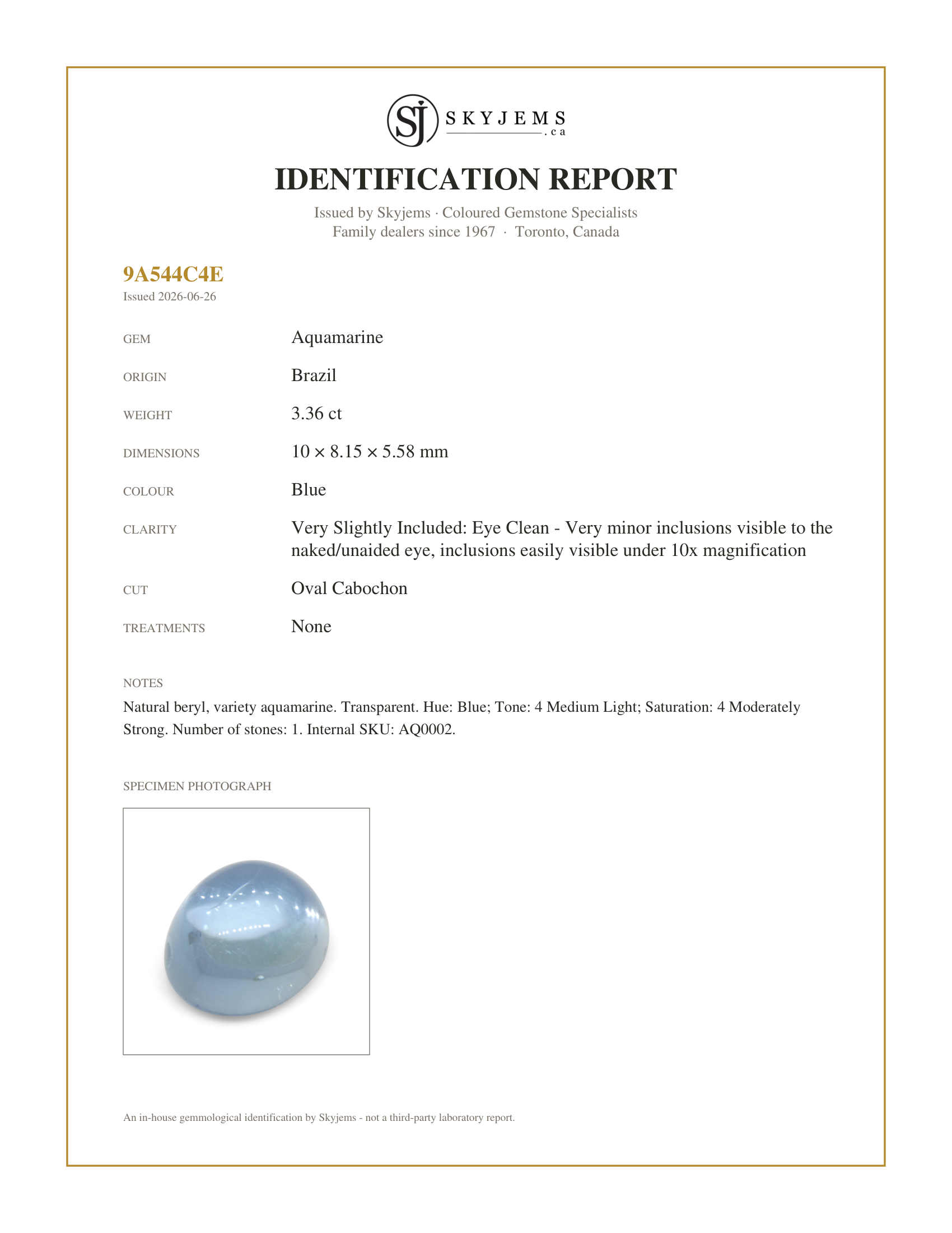 Skyjems Identification Report for AQ0002 — 3.36ct Oval Cabochon Blue Aquamarine from Brazil
