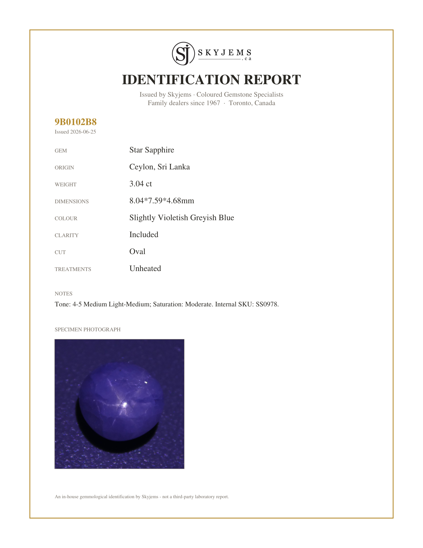 Skyjems Identification Report for SS0978 — 3.04 ct Unheated Blue Ceylon Star Sapphire