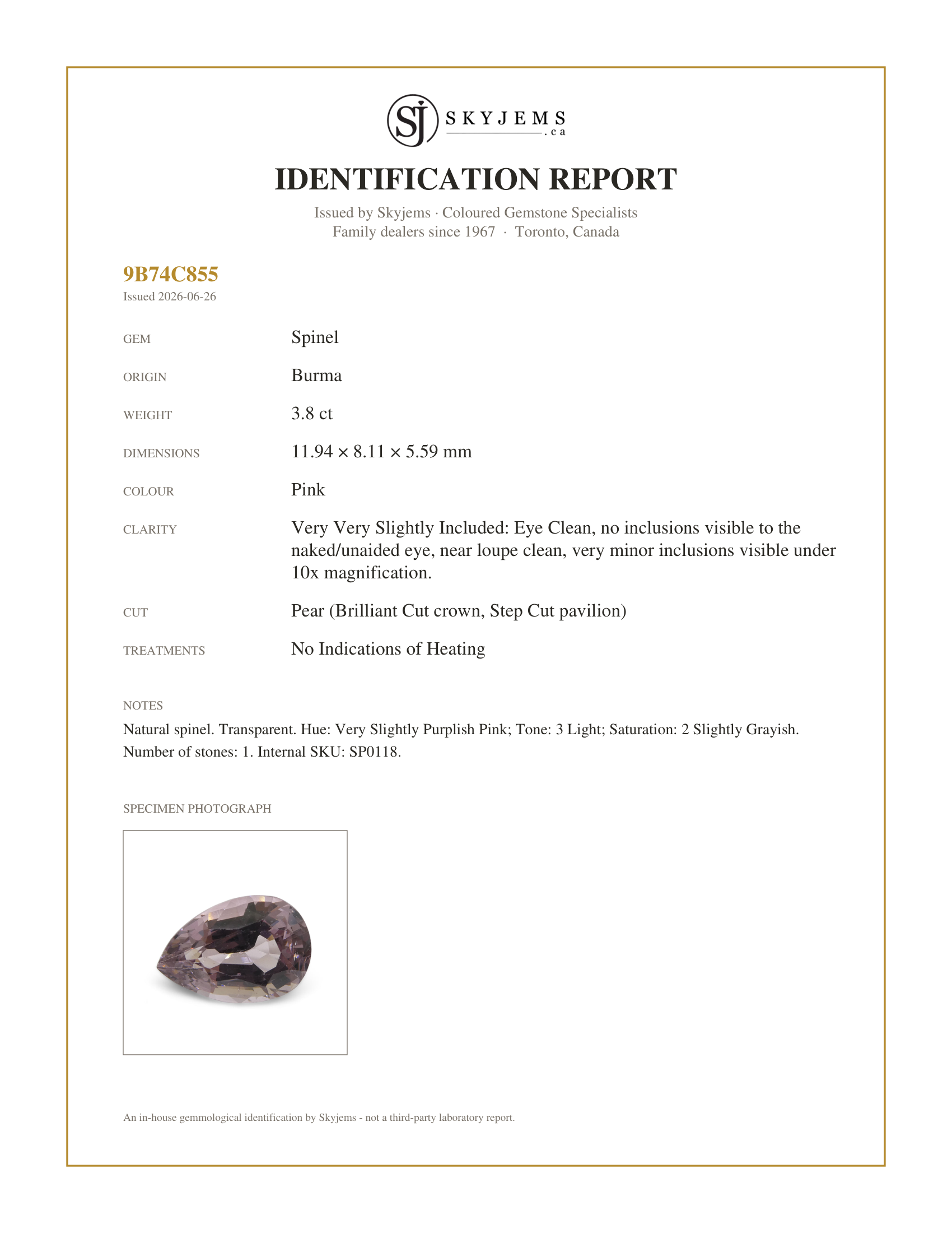 Skyjems Identification Report for SP0118 — 3.8ct Pear Pink Spinel from Burma