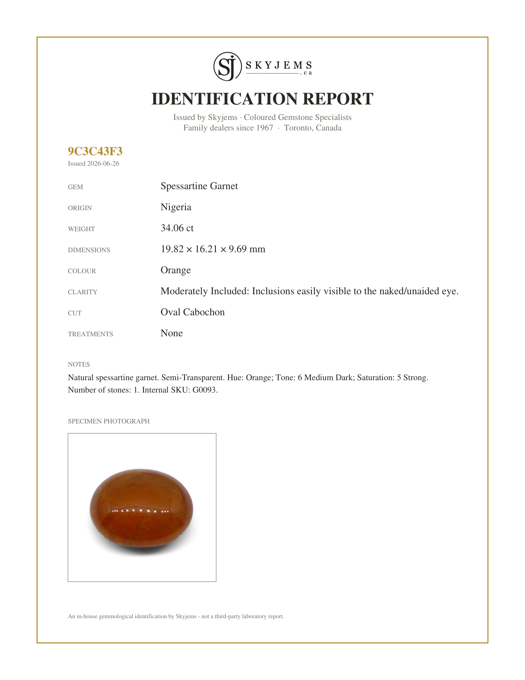 Skyjems Identification Report for G0093 — 34.06ct Oval Cabochon Orange Mandarin Spessartine Garnet from Nigeria