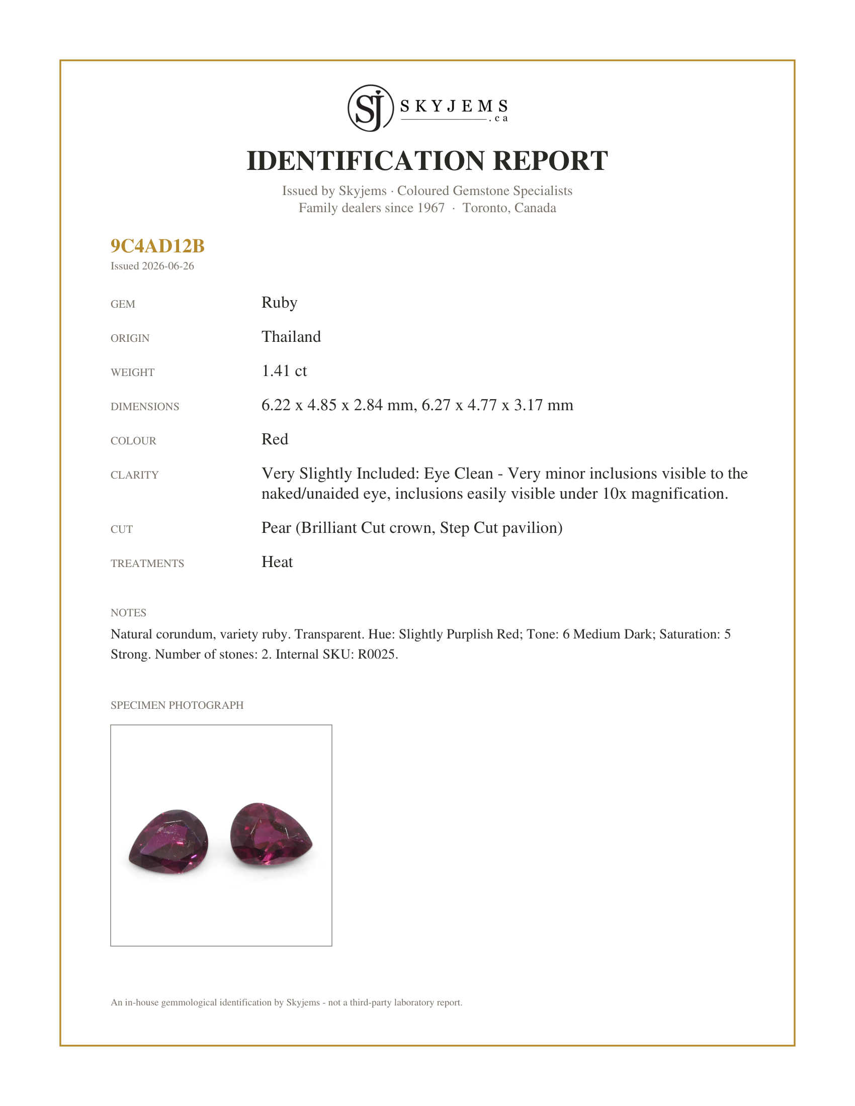 Skyjems Identification Report for R0025 — 1.41ct Pear Red Ruby from Thailand Pair