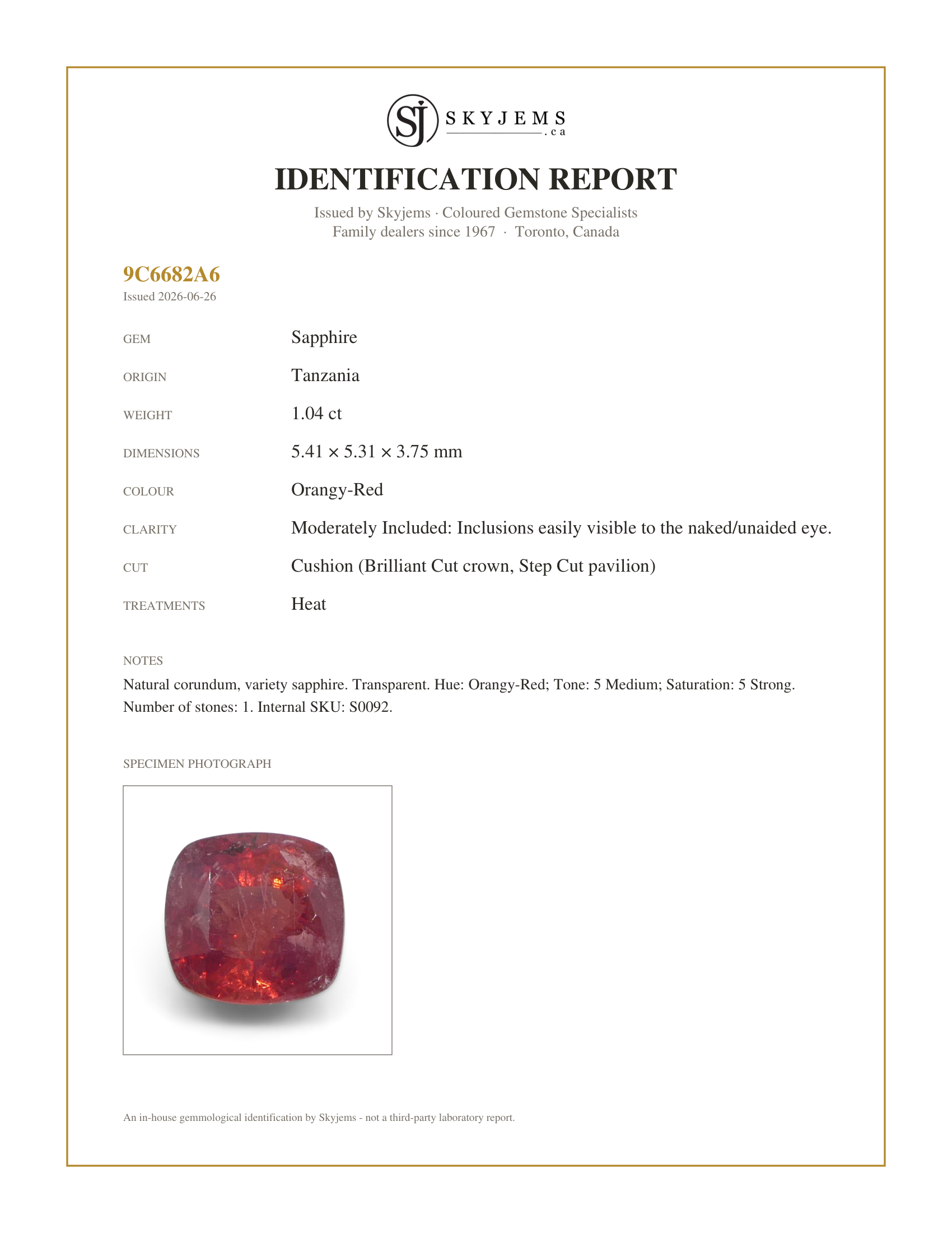 Skyjems Identification Report for S0092 — 1.04ct Cushion Orangy-Red Sapphire from Tanzania