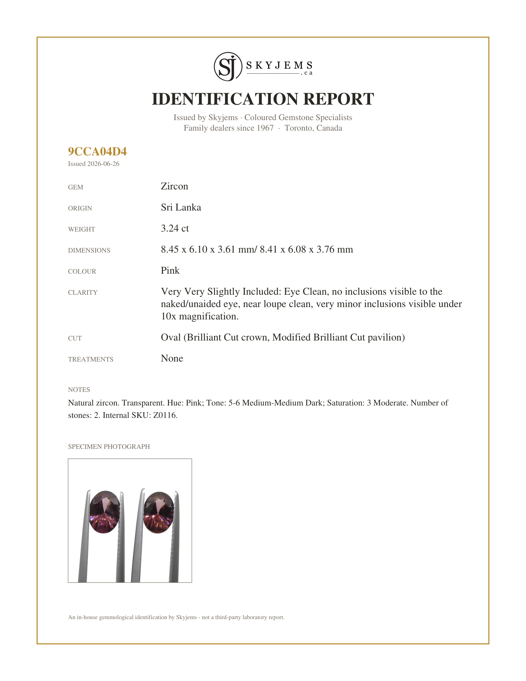 Skyjems Identification Report for Z0116 — 3.24ct Natural Earth Mined Pair Oval Master Brilliant Cut Pink Zircon from Sri Lanka