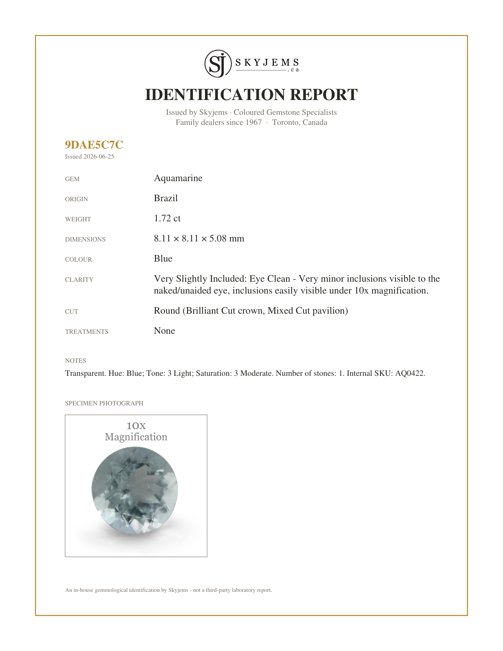 Skyjems Identification Report for AQ0422 — 1.72ct Round Aquamarine