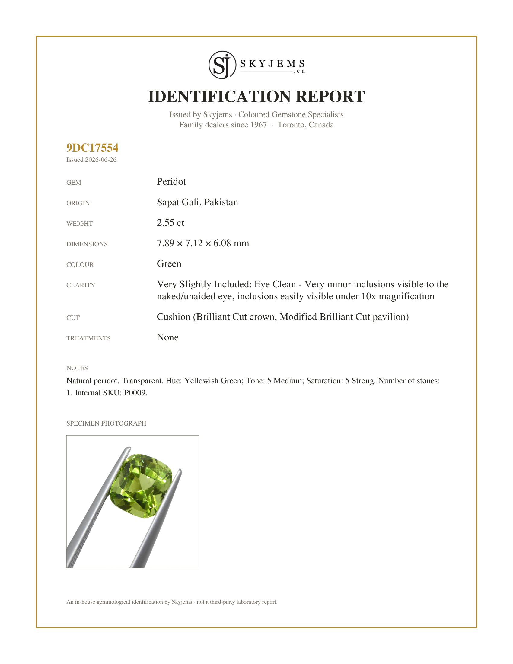 Skyjems Identification Report for P0009 — 2.55ct Cushion Yellowish Green Peridot