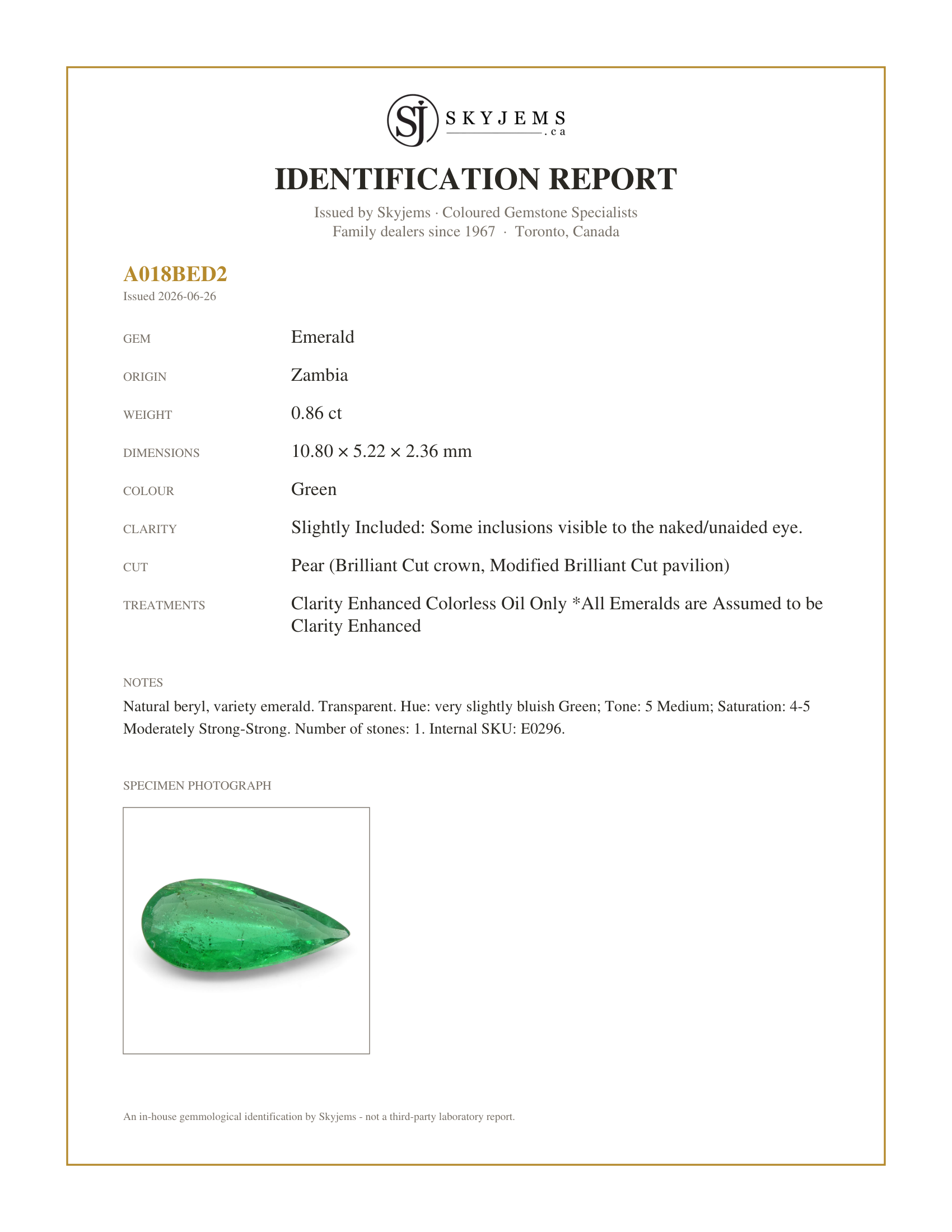 Skyjems Identification Report for E0296 — 0.86ct Pear Green Emerald from Zambia