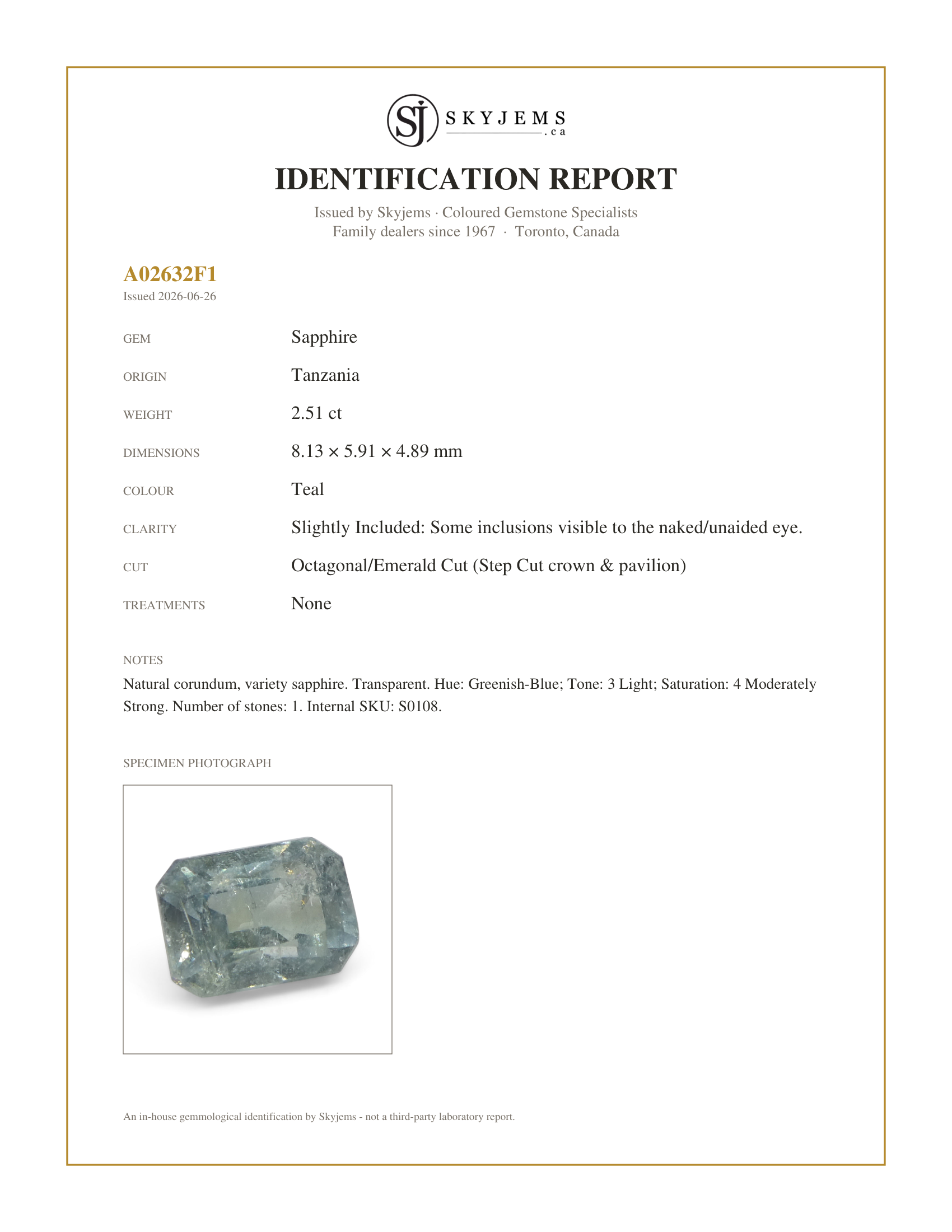 Skyjems Identification Report for S0108 — 2.51ct Octagonal/Emerald Cut Greenish-Blue Teal Sapphire from Tanzania Unheated