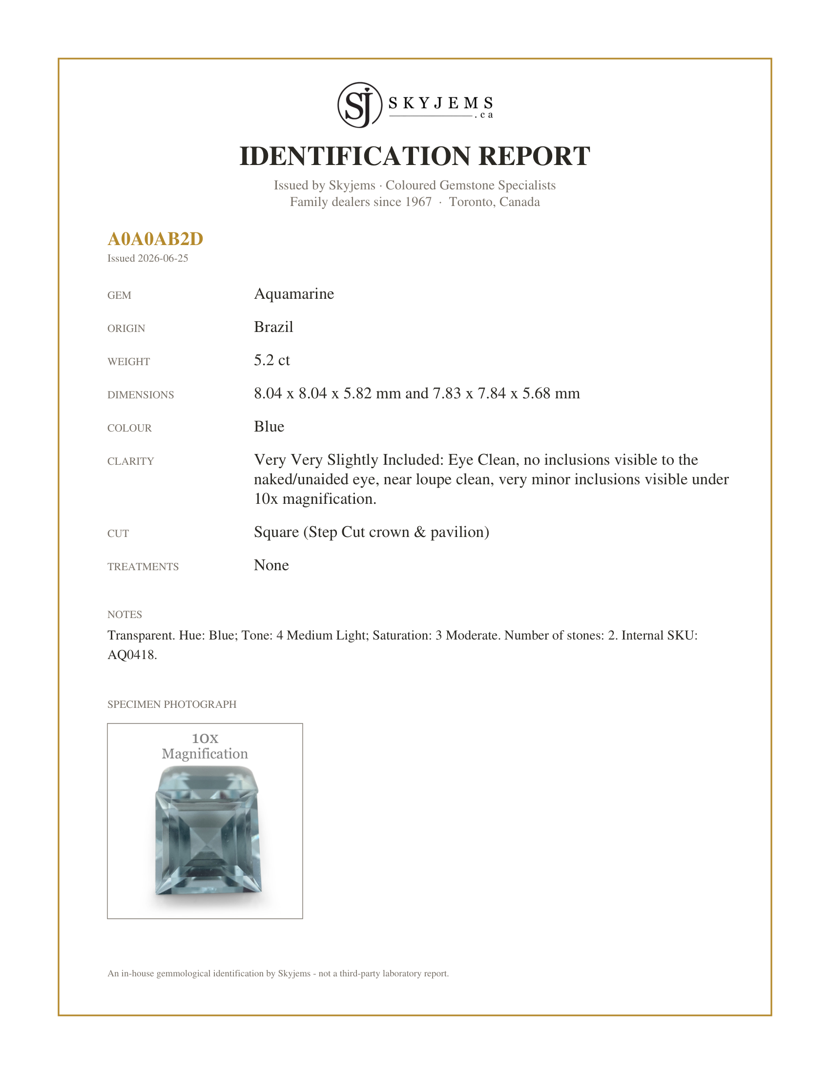 Skyjems Identification Report for AQ0418 — 5.2ct Square Aquamarine Pair
