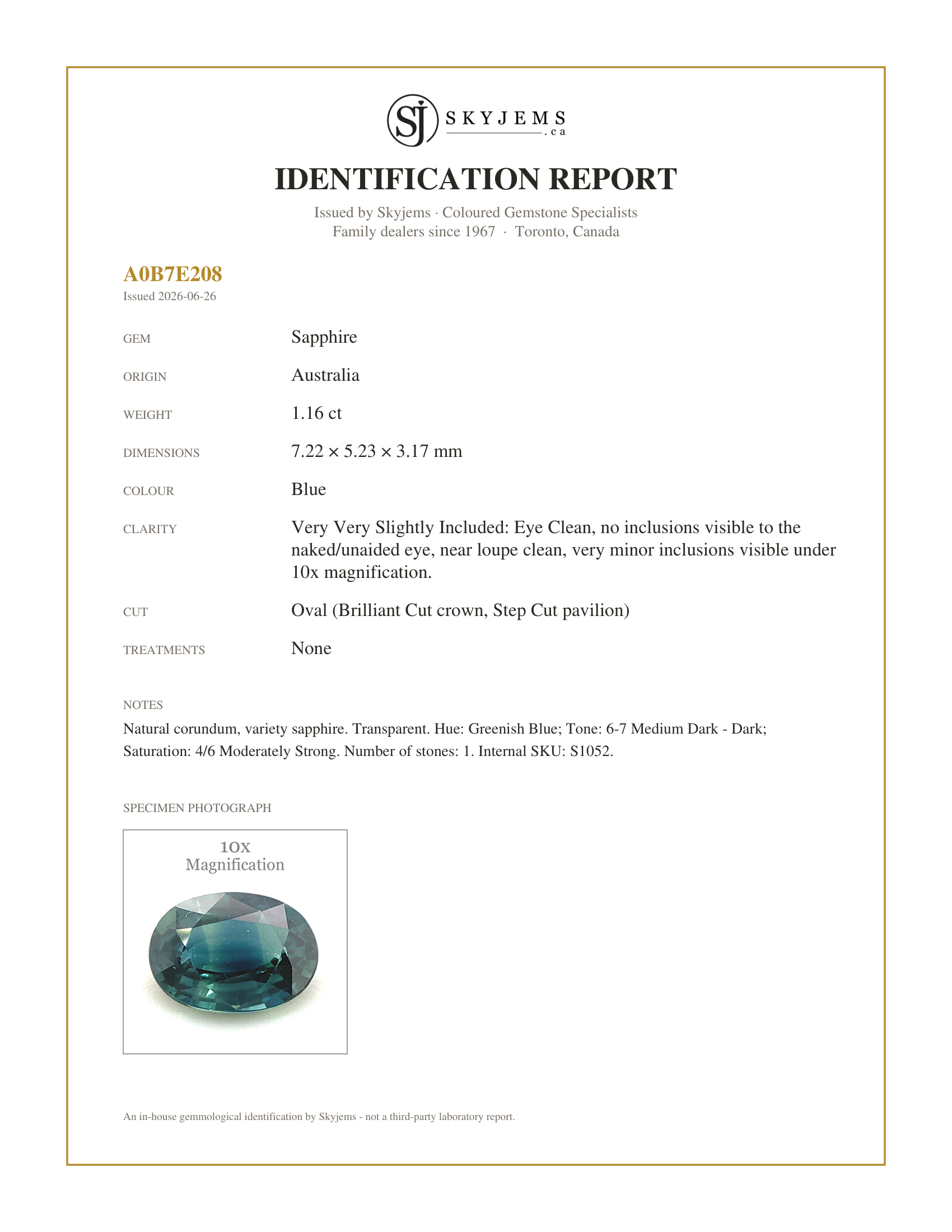 Skyjems Identification Report for S1052 — 1.16ct Oval Teal Blue Sapphire from Australia Unheated
