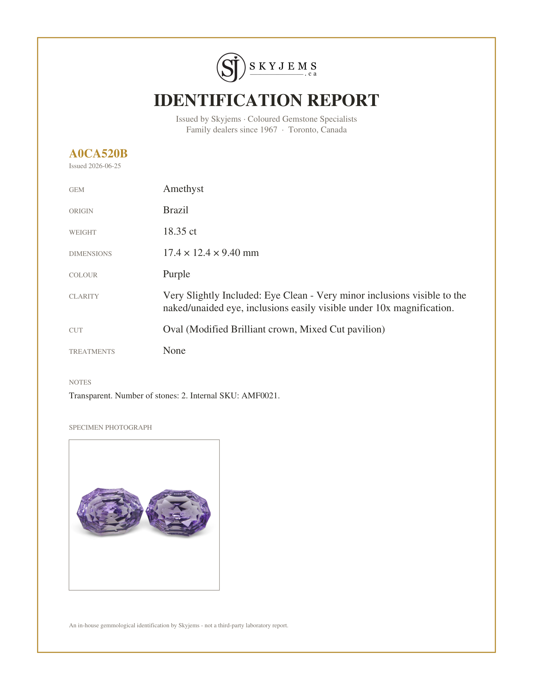 Skyjems Identification Report for AMF0021 — 18.35ct Oval Amethyst Fantasy/Fancy Cut Pair