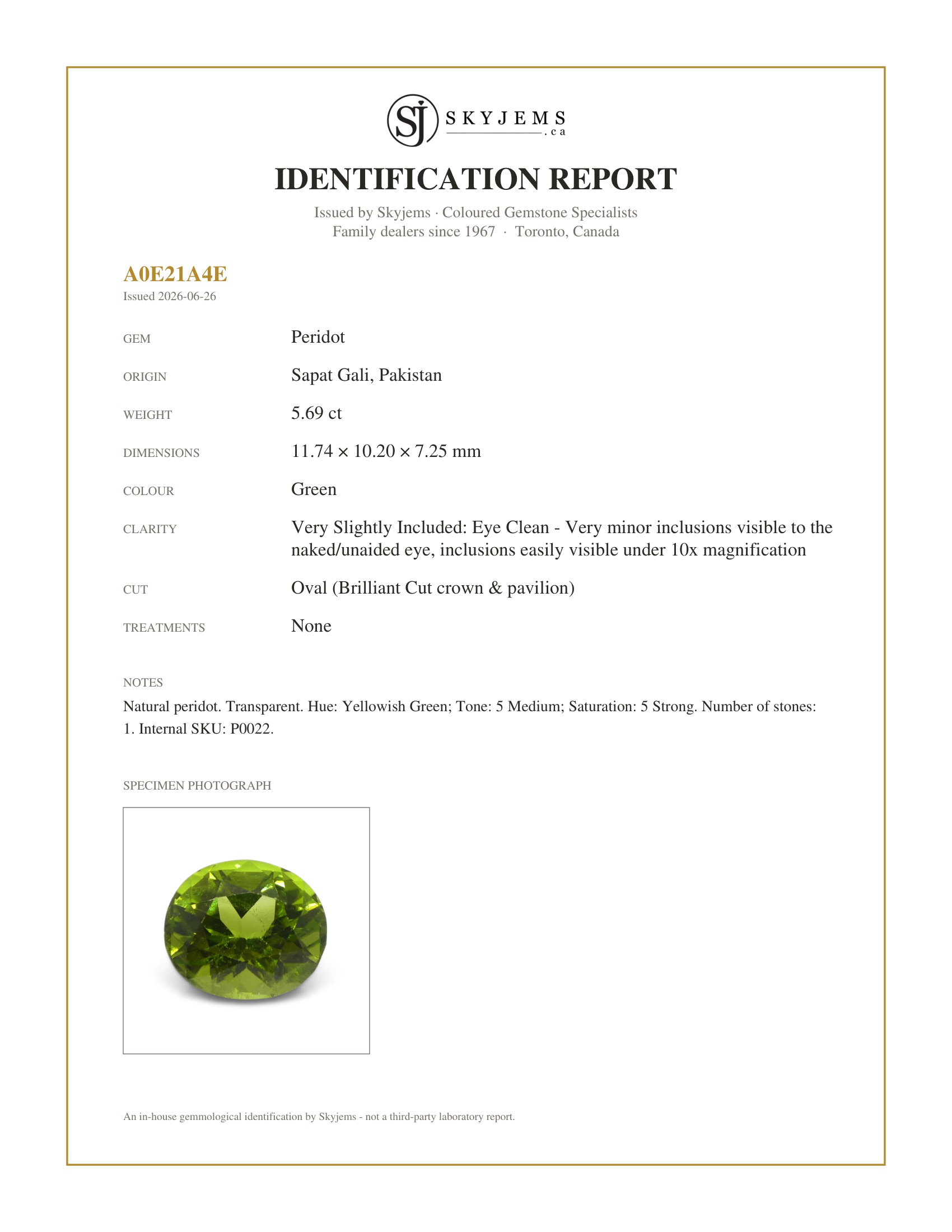 Skyjems Identification Report for P0022 — 5.69ct Oval Yellowish Green Peridot