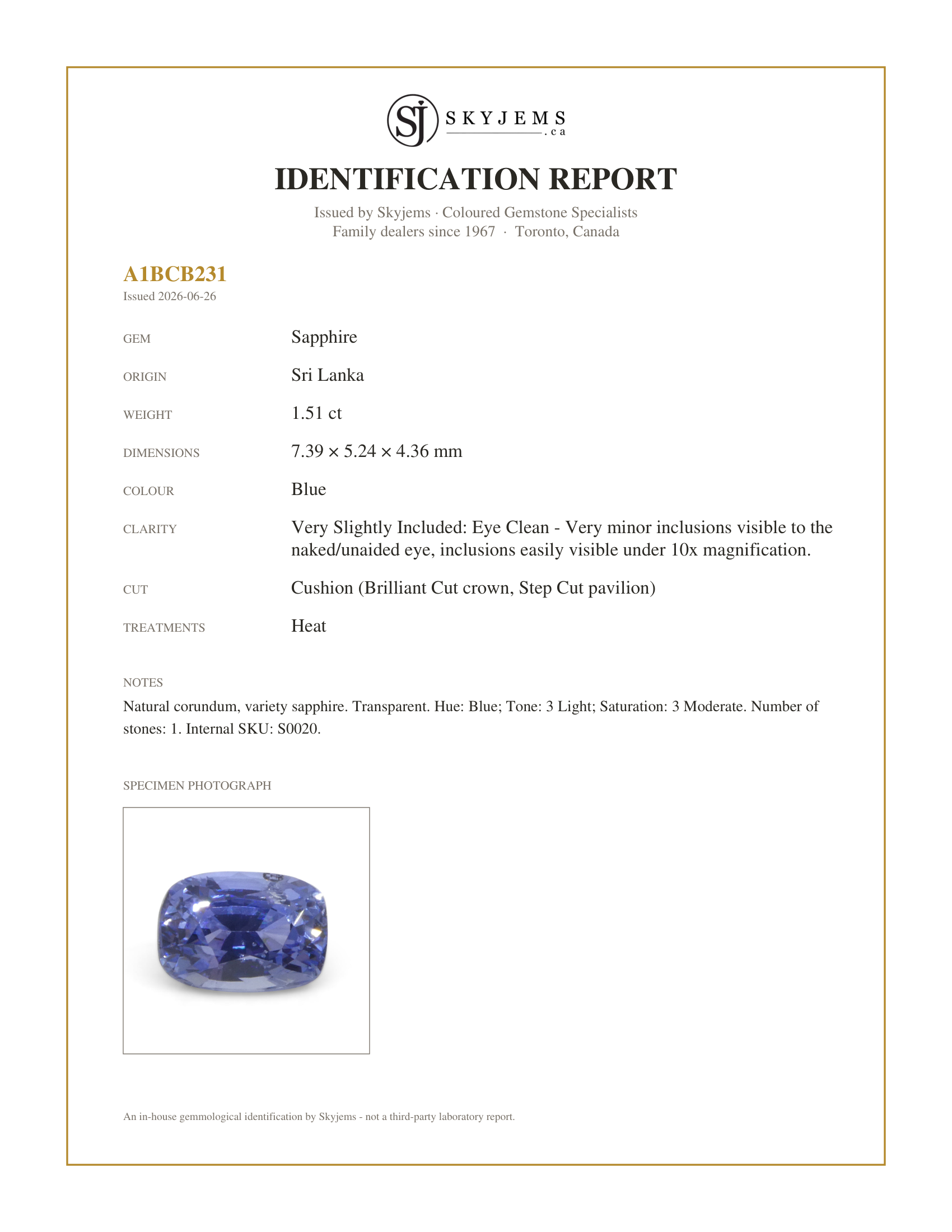 Skyjems Identification Report for S0020 — 1.51ct Cushion Blue Sapphire from Sri Lanka