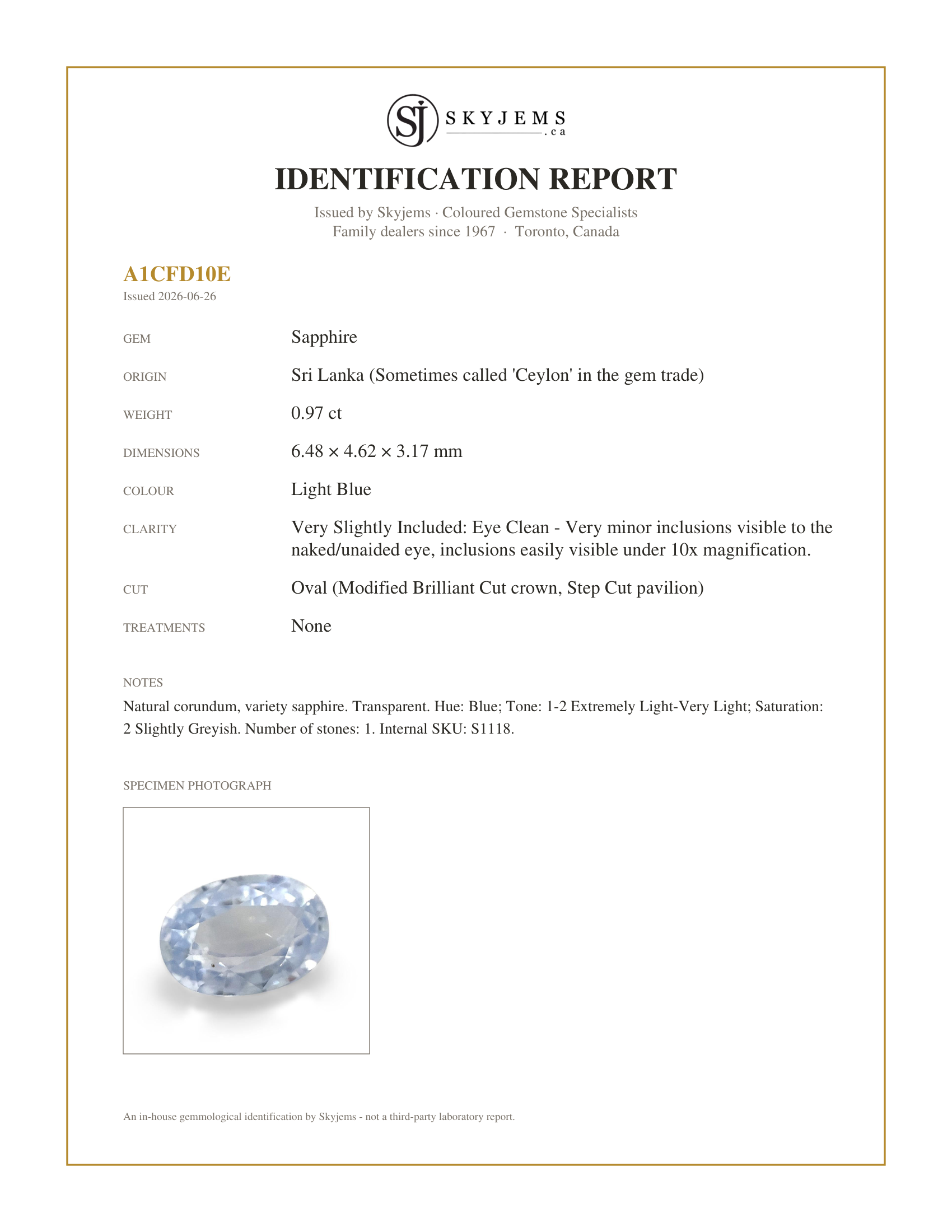 Skyjems Identification Report for S1118 — 0.97ct Oval Icy Blue Sapphire from Sri Lanka Unheated