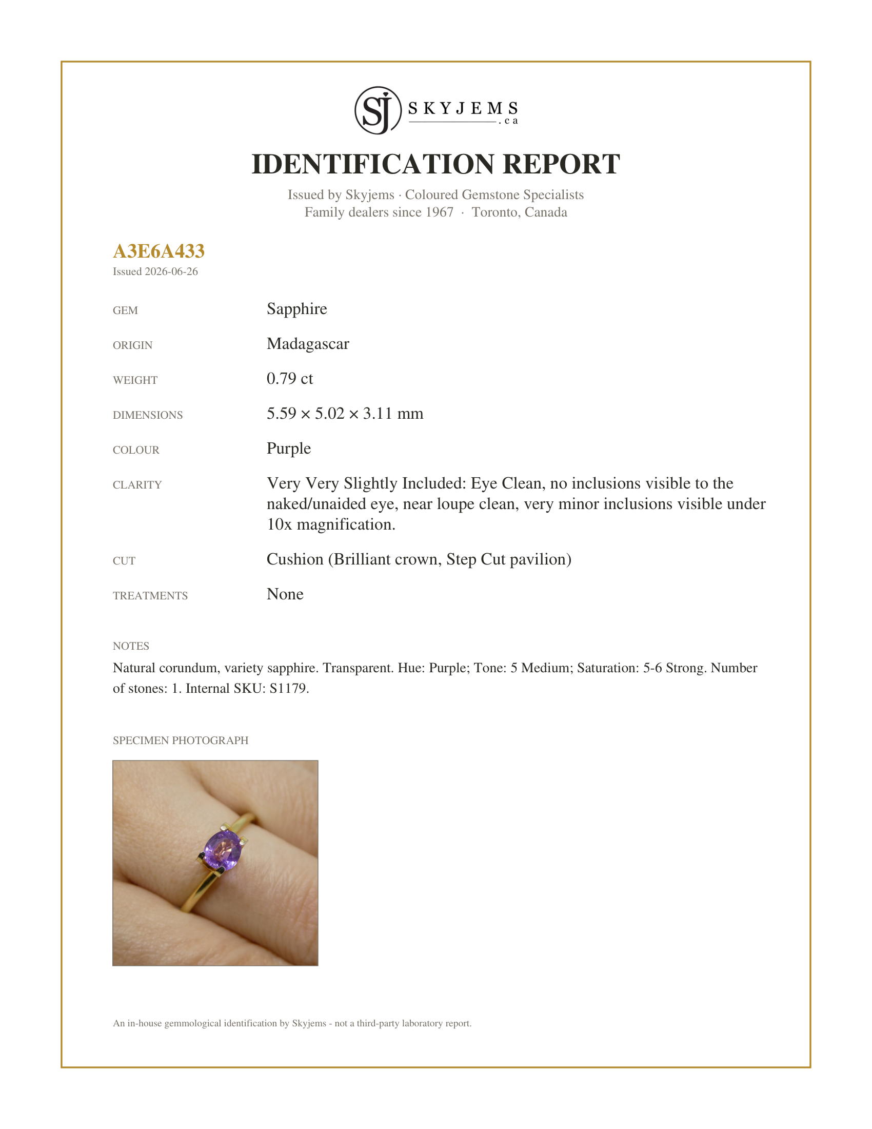 Skyjems Identification Report for S1179 — 0.79ct Cushion Purple Sapphire from Madagascar Unheated