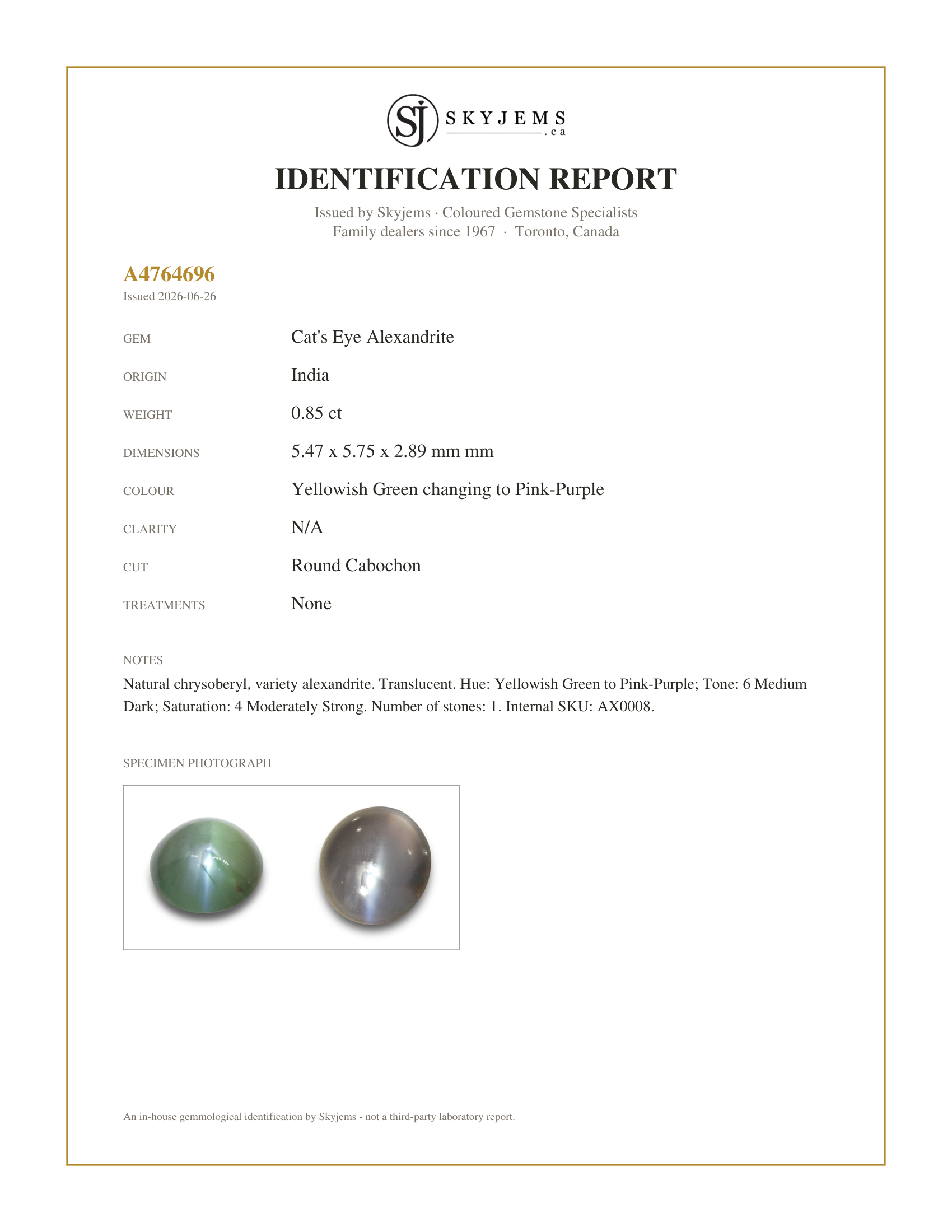 Skyjems Identification Report for AX0008 — 0.85ct Round Cabochon Yellowish Green to Pink-Purple Cat's Eye Alexandrite from India