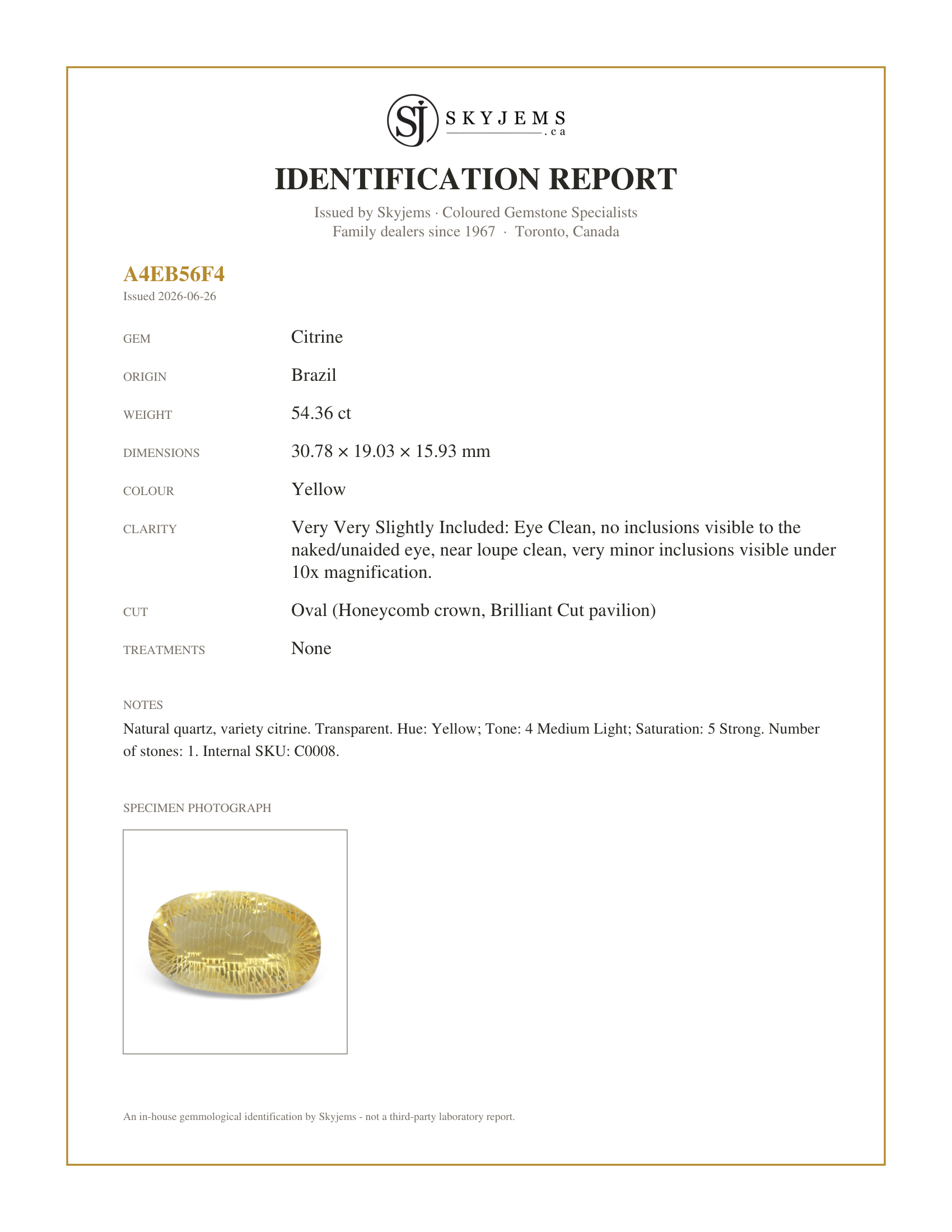 Skyjems Identification Report for C0008 — 54.36ct Oval Yellow Honeycomb Starburst Citrine