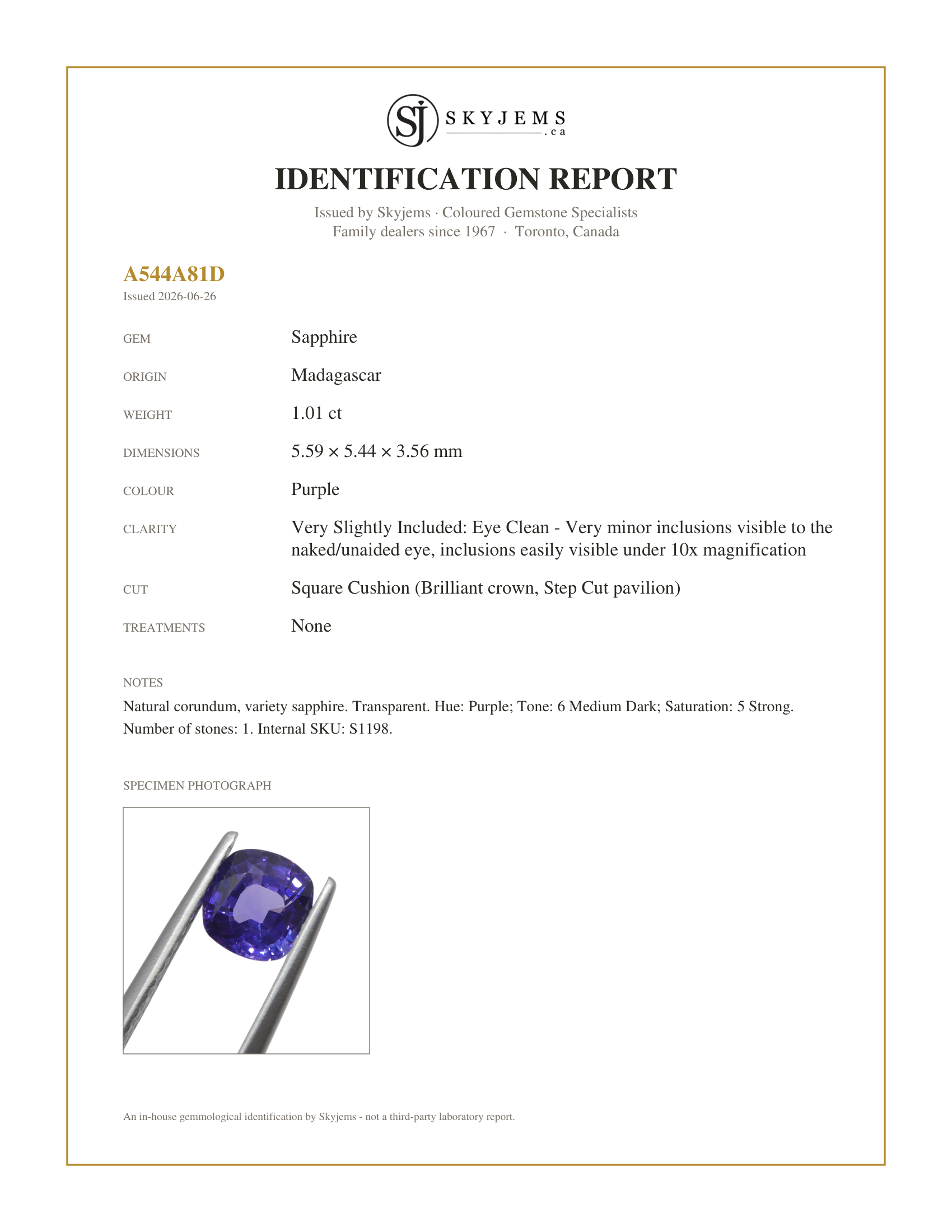 Skyjems Identification Report for S1198 — 1.01ct Square Cushion Purple Sapphire from Madagascar Unheated