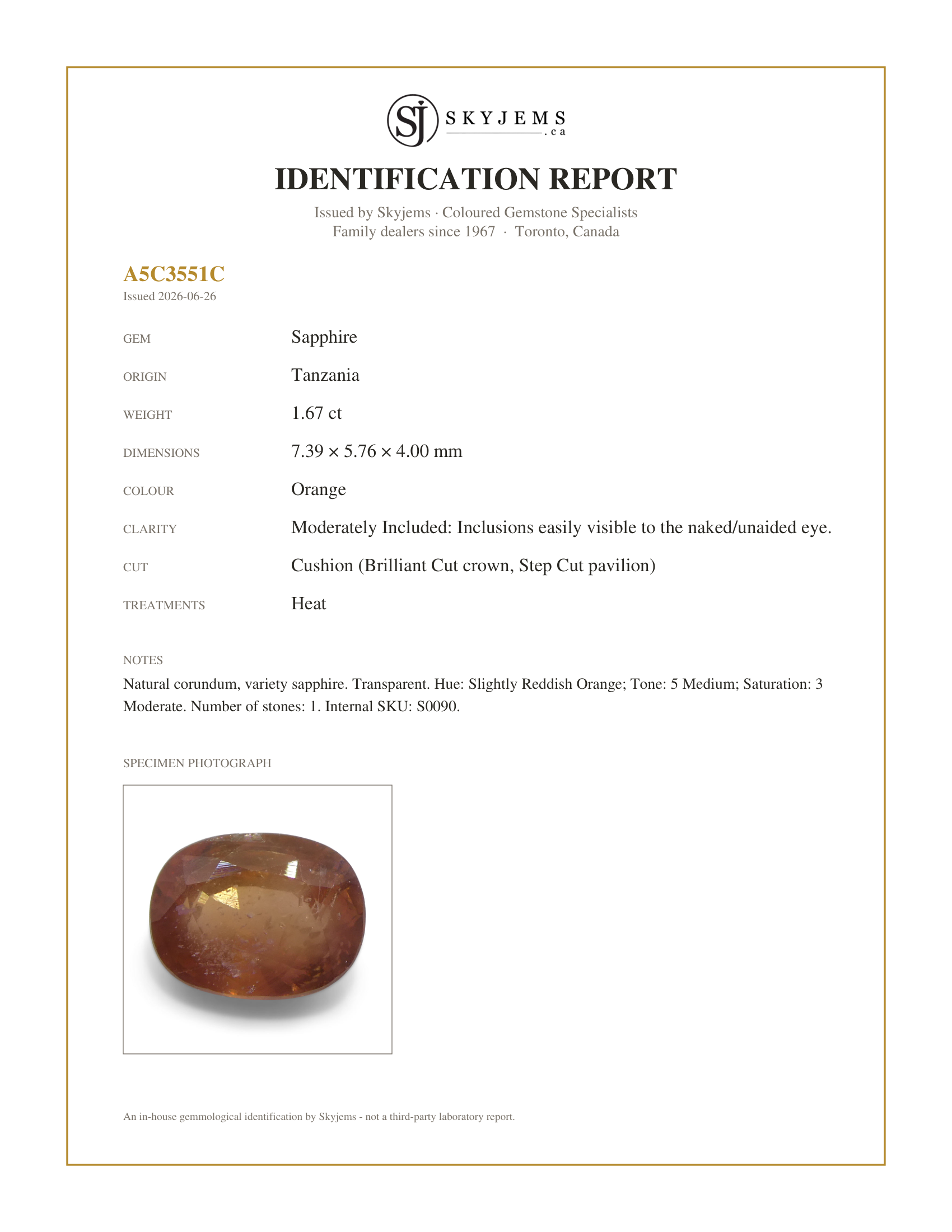 Skyjems Identification Report for S0090 — 1.67ct Cushion Orange Sapphire from Tanzania