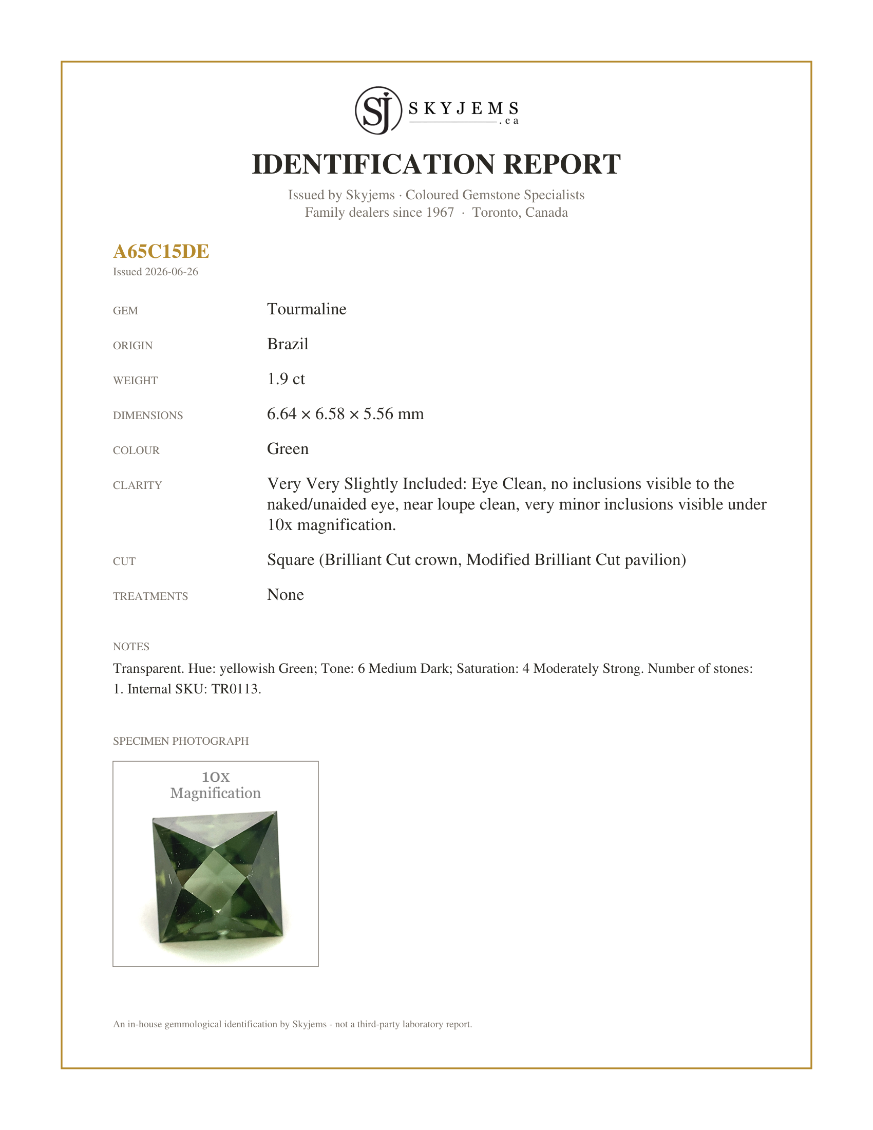 Skyjems Identification Report for TR0113 — 1.9ct Square Green Tourmaline