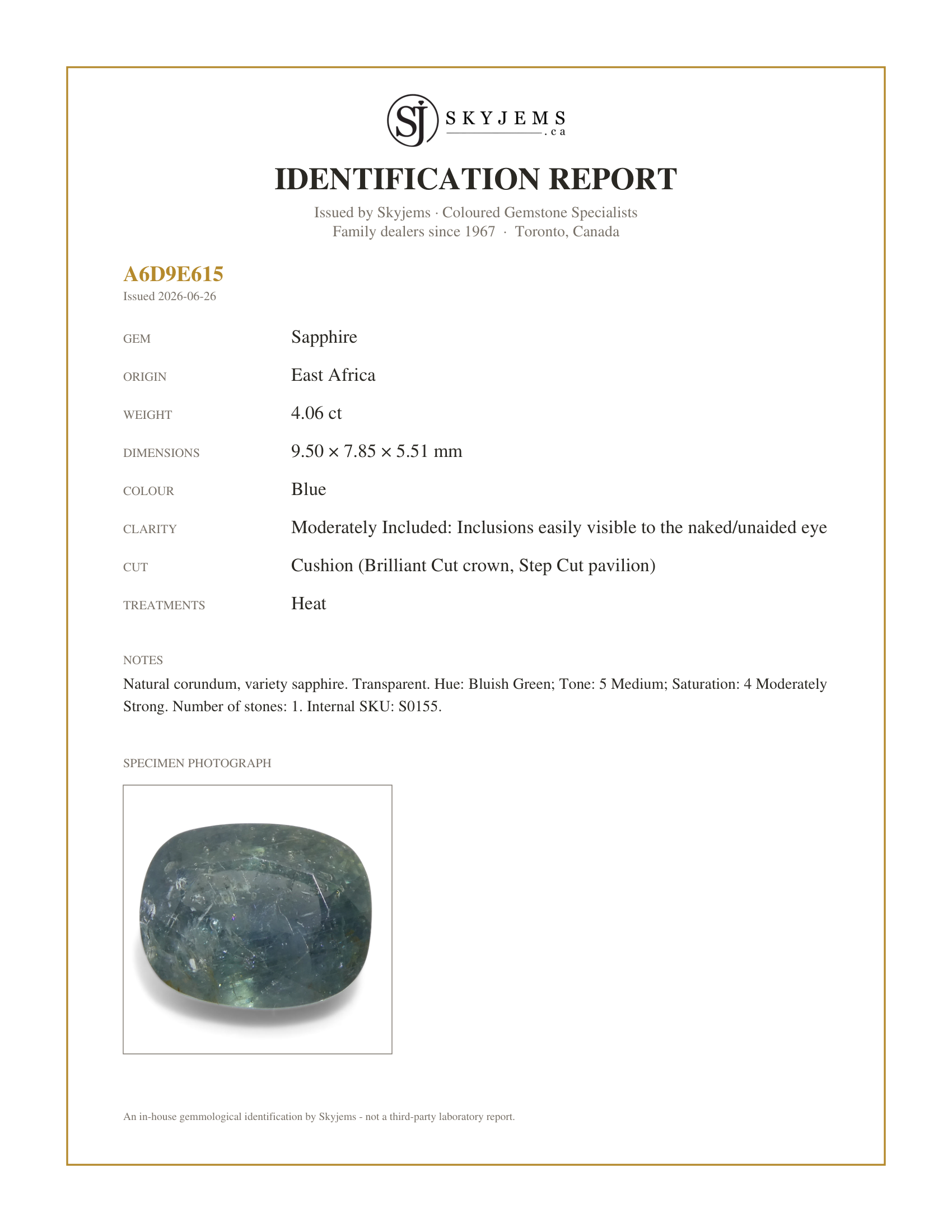 Skyjems Identification Report for S0155 — 4.06ct Cushion Teal Blue Sapphire from East Africa