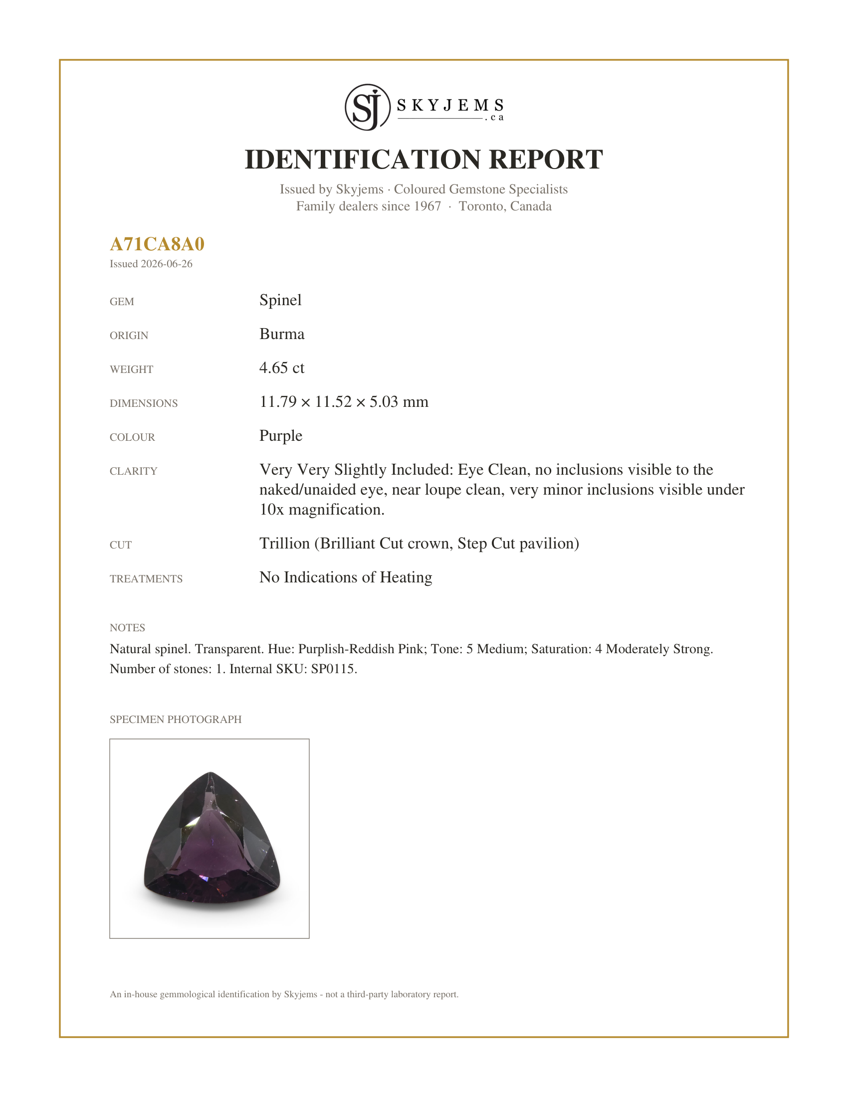 Skyjems Identification Report for SP0115 — 4.65ct Trillion Purple Spinel from Burma