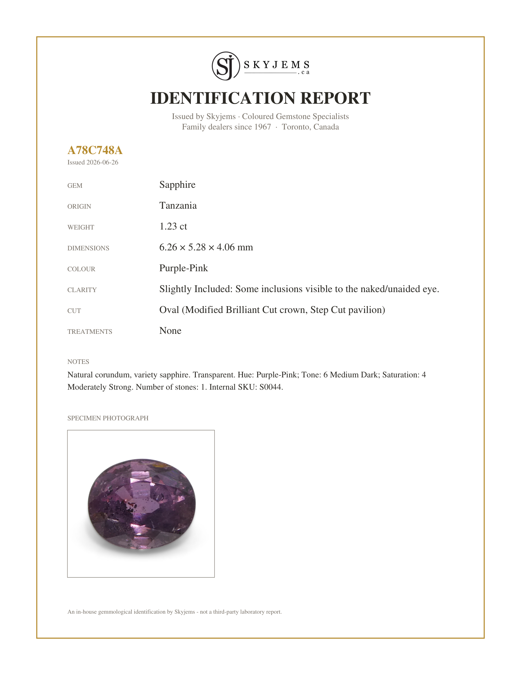 Skyjems Identification Report for S0044 — 1.23ct Unheated Oval Purple-Pink Sapphire from Tanzania, Unheated