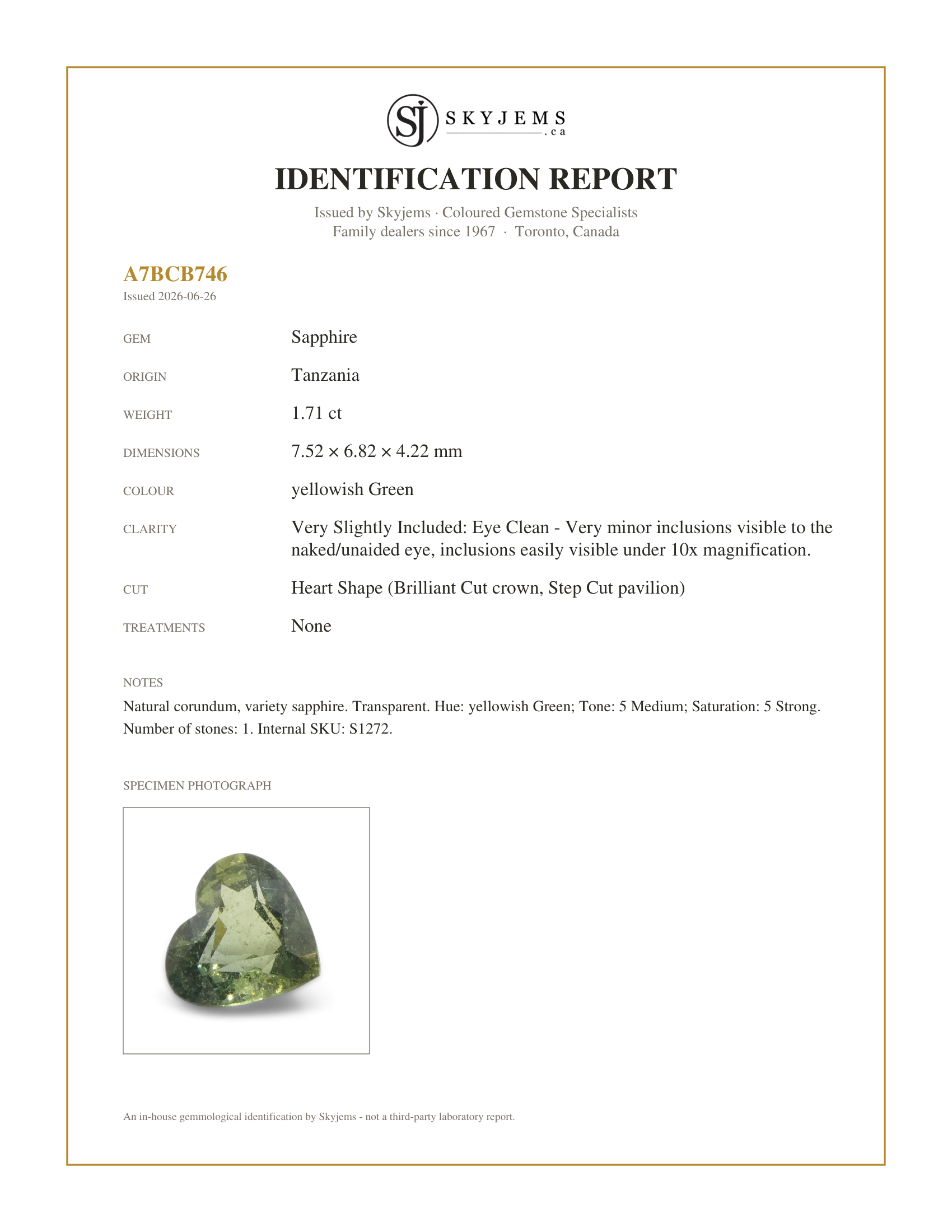 Skyjems Identification Report for S1272 — 1.71ct Heart Shape Green Sapphire from Tanzania, Unheated