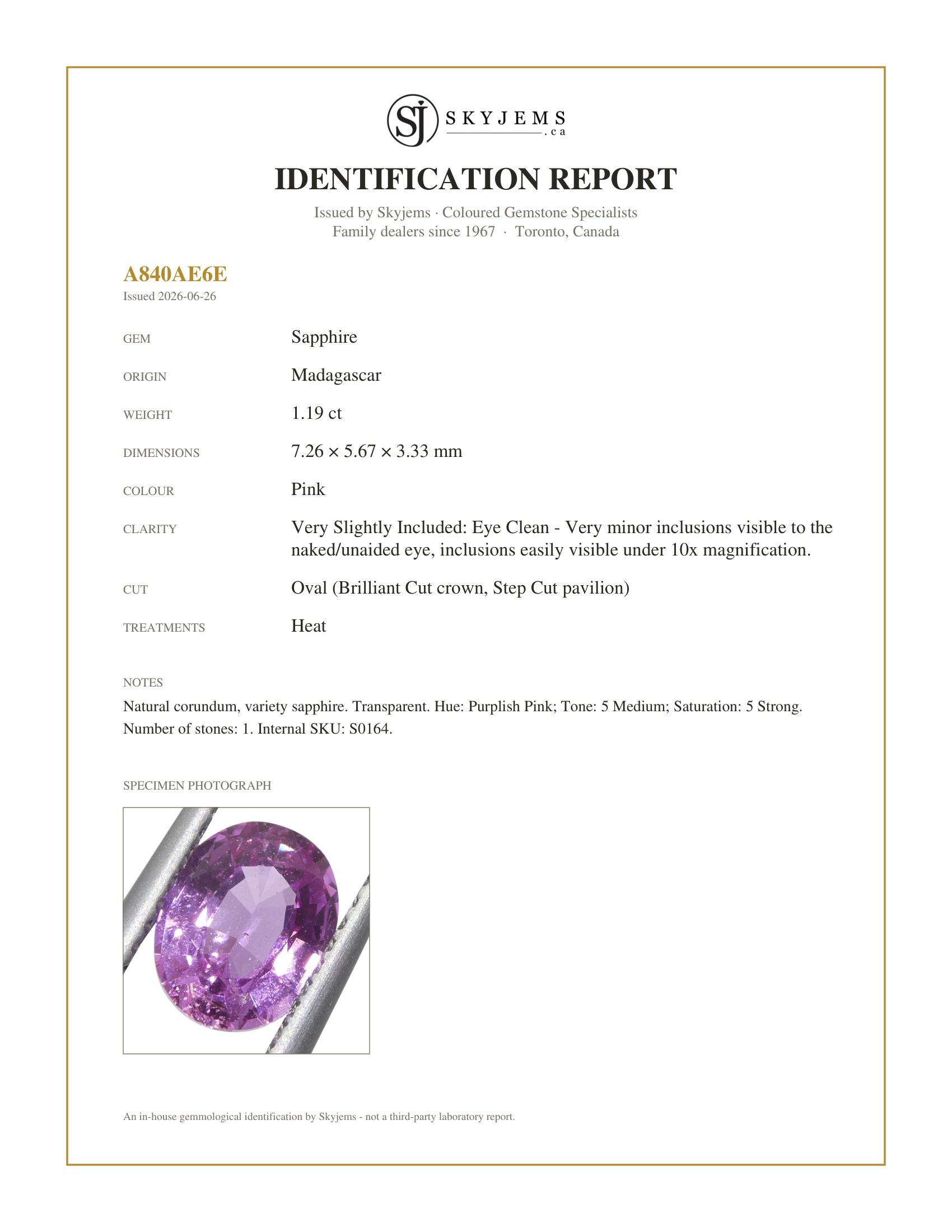 Skyjems Identification Report for S0164 — 0.99ct Oval Purple-Pink Sapphire from Madagascar