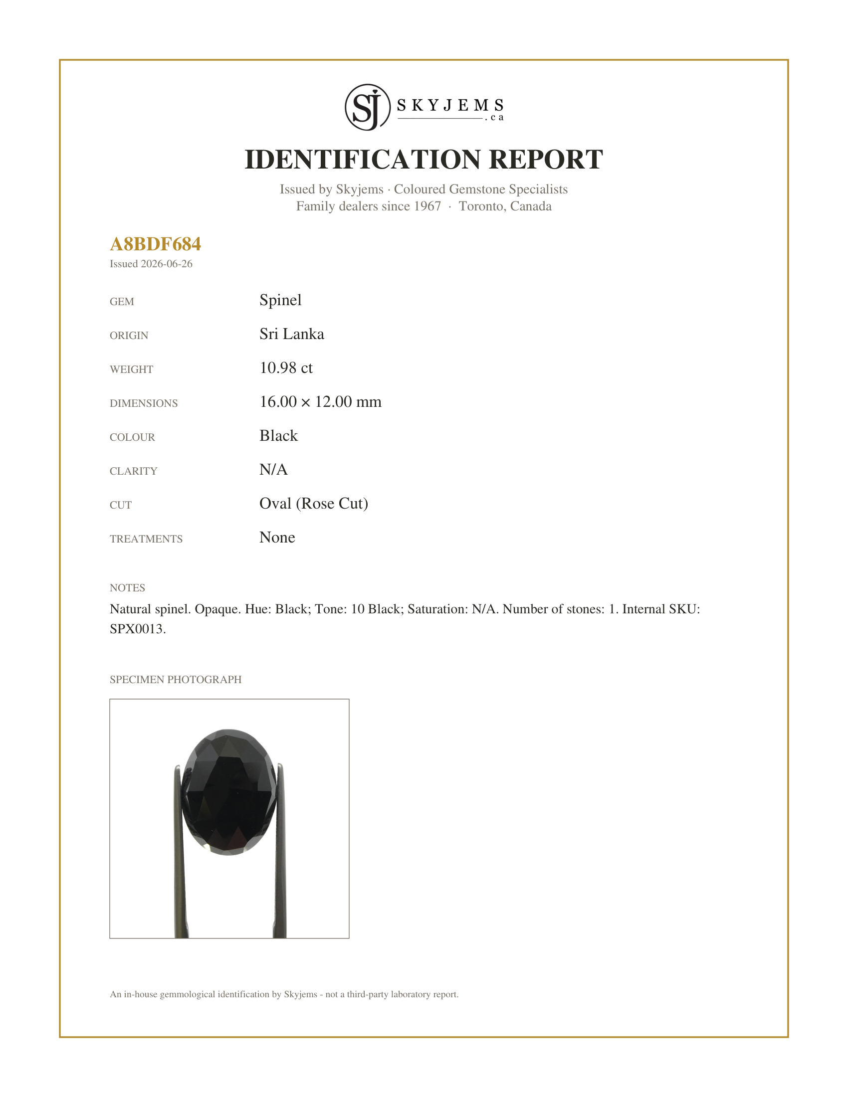 Skyjems Identification Report for SPX0013 — 10.98ct Rose Cut 16x12mm Oval Black Spinel from Sri Lanka