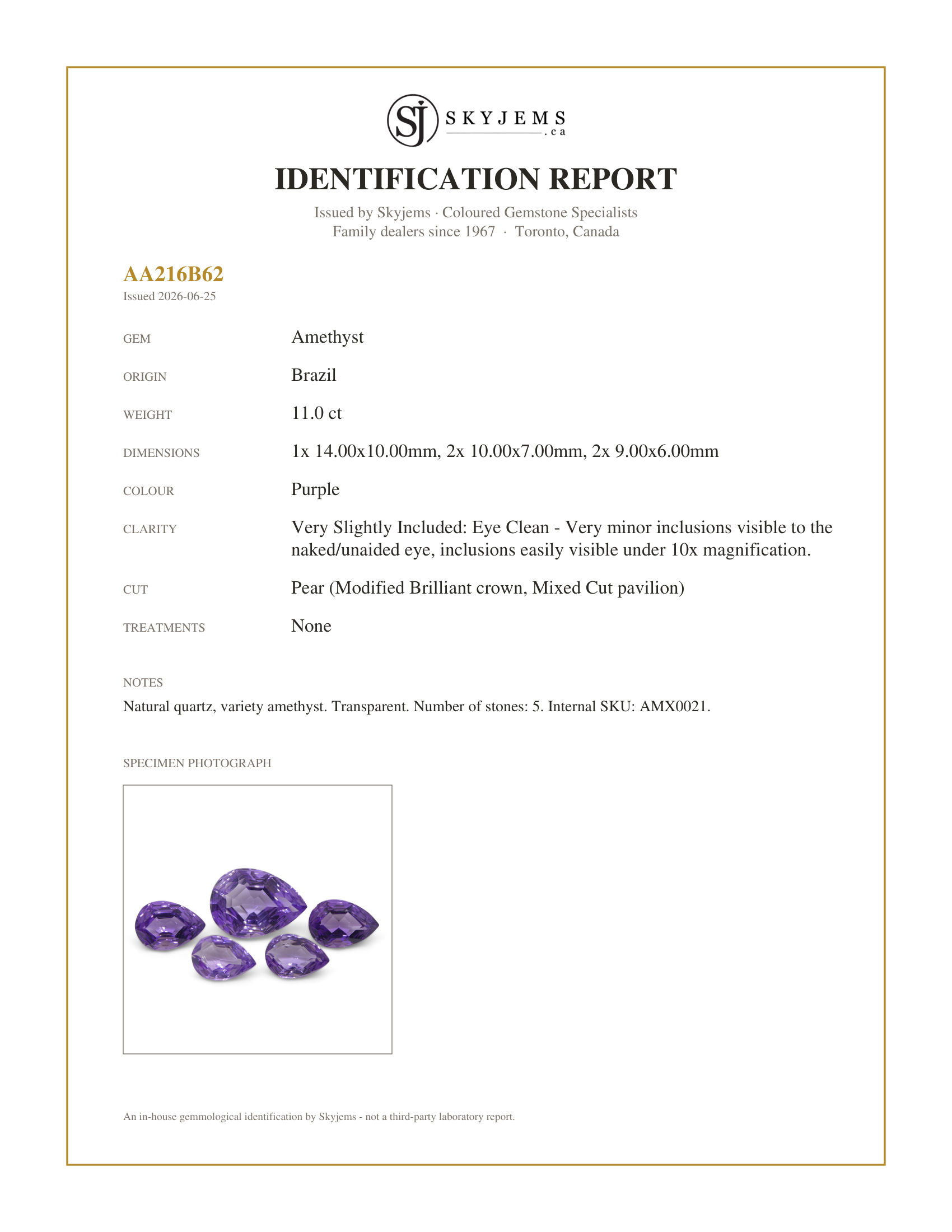 Skyjems Identification Report for AMX0021 — 11ct Pear Amethyst 'Bridget' Fantasy/Fancy Cut Set