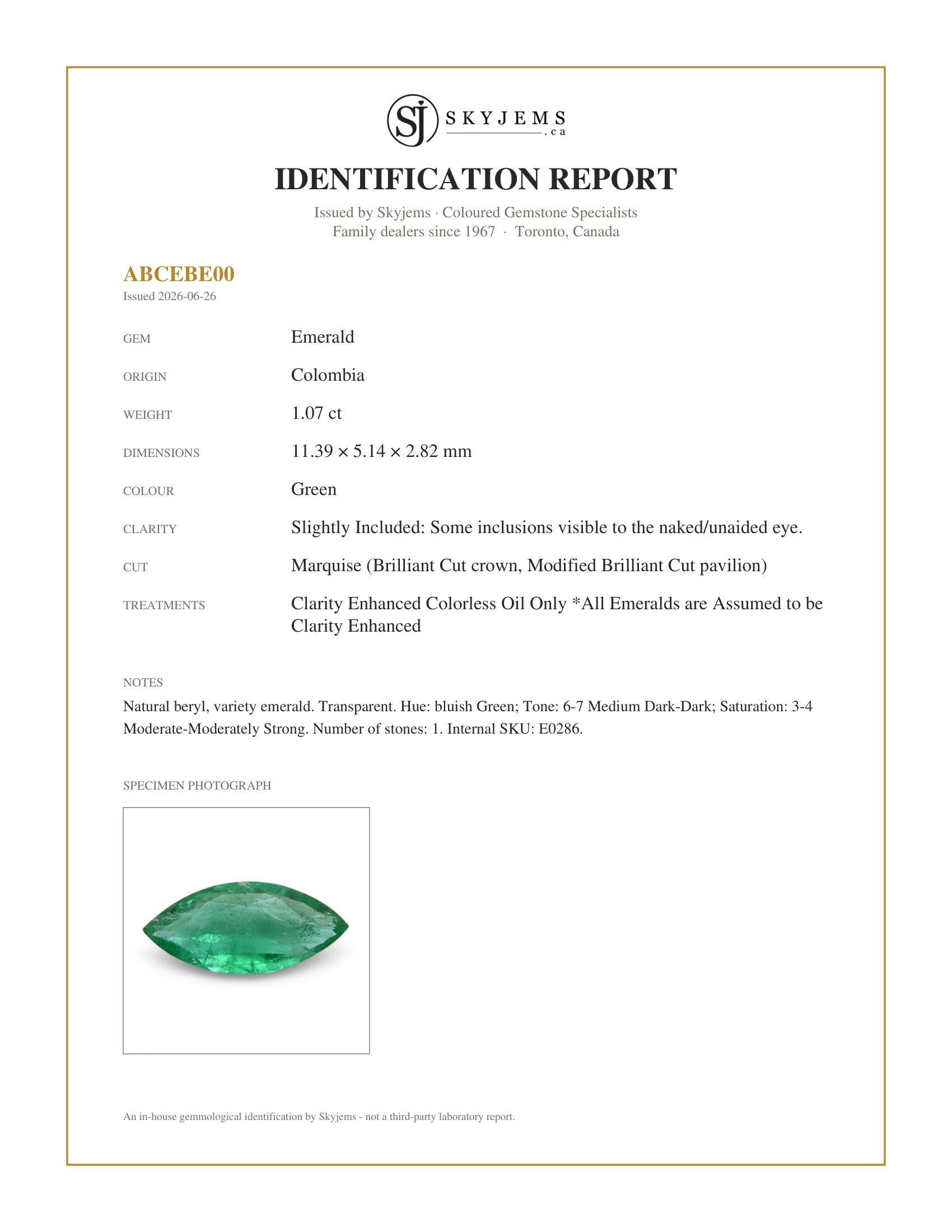 Skyjems Identification Report for E0286 — 1.07ct Marquise Green Emerald from Colombia