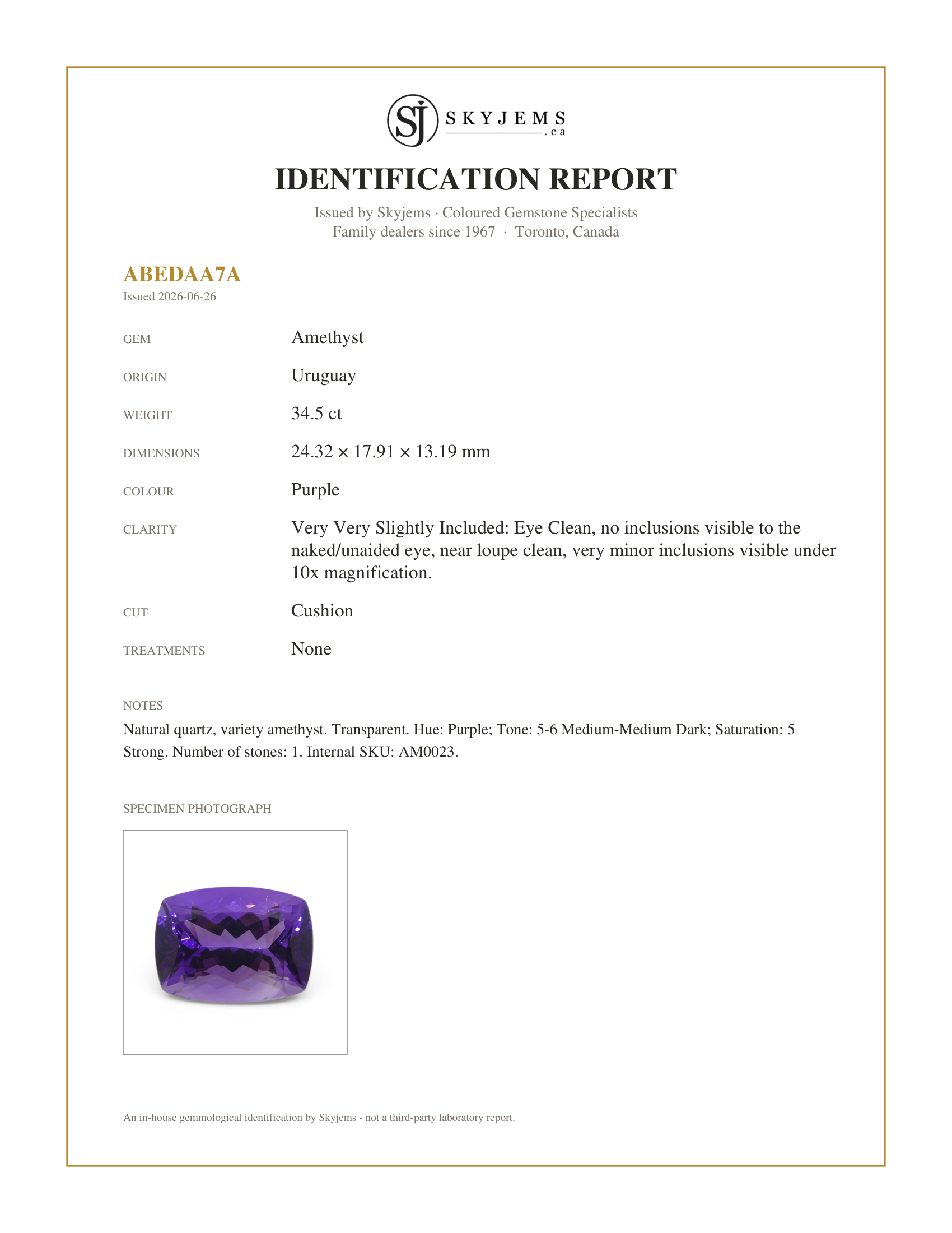Skyjems Identification Report for AM0023 — 34.5ct Cushion Purple Amethyst from Uruguay
