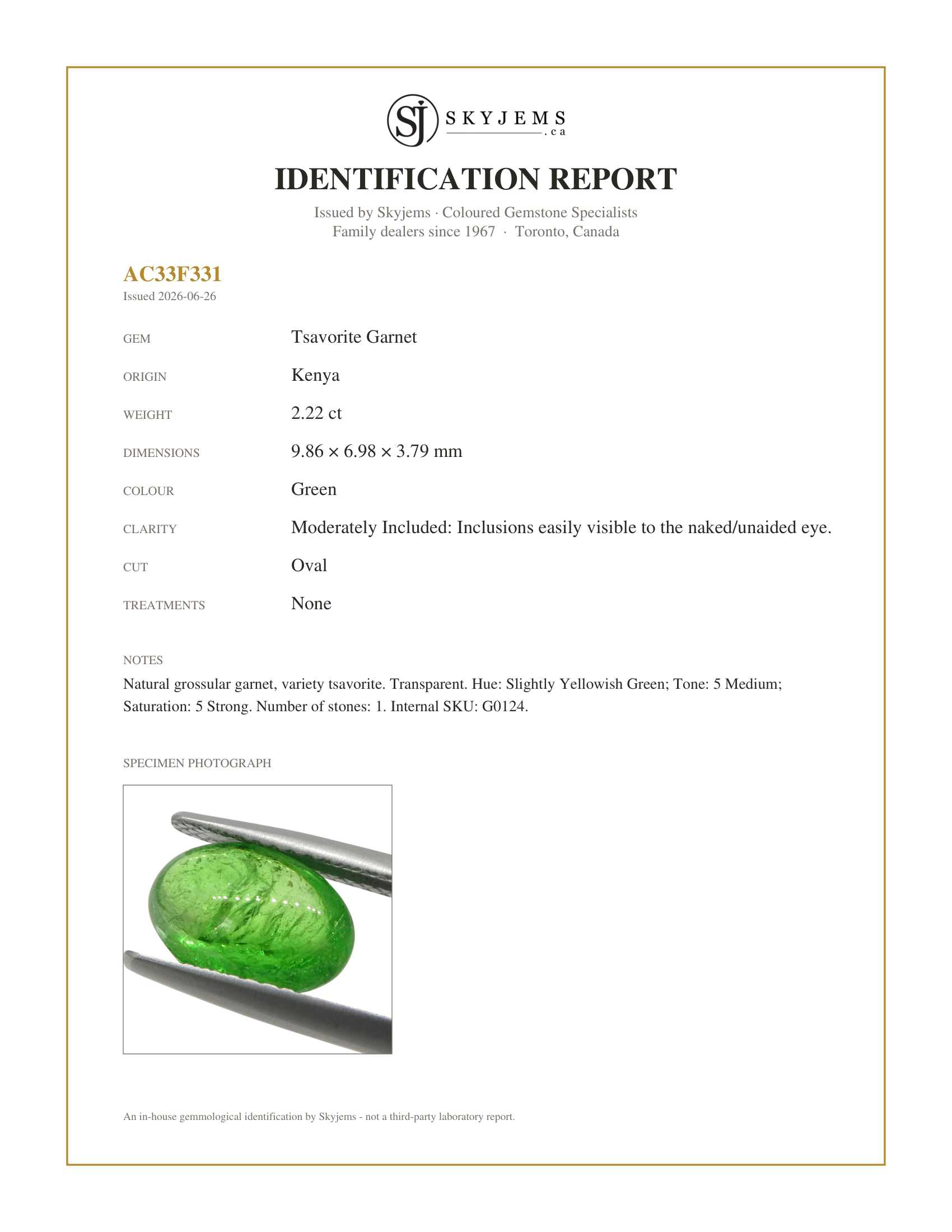 Skyjems Identification Report for G0124 — 2.22ct Oval Cabochon Green Tsavorite Garnet from Kenya, Unheated