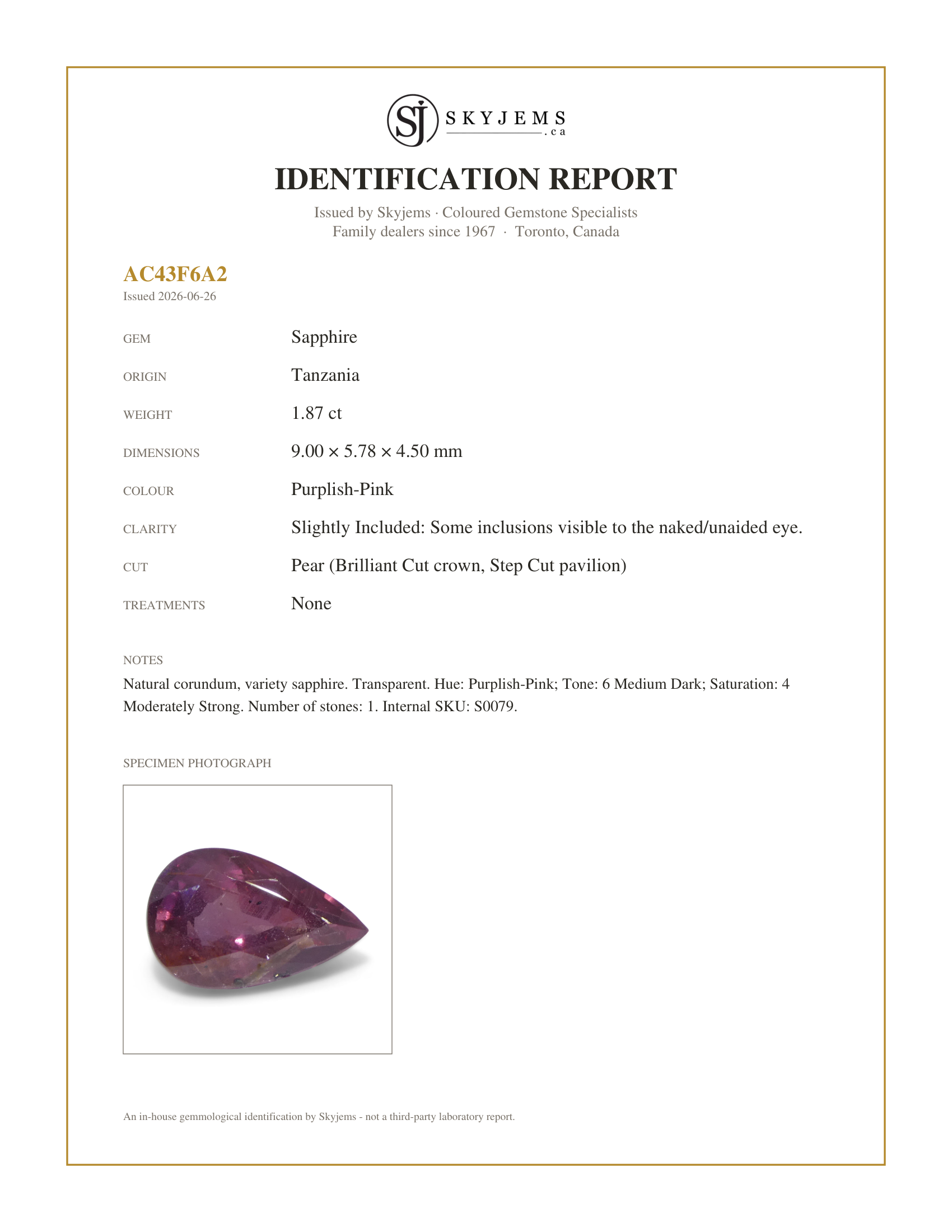 Skyjems Identification Report for S0079 — 1.87ct Pear Purplish-Pink Sapphire from Tanzania, Unheated