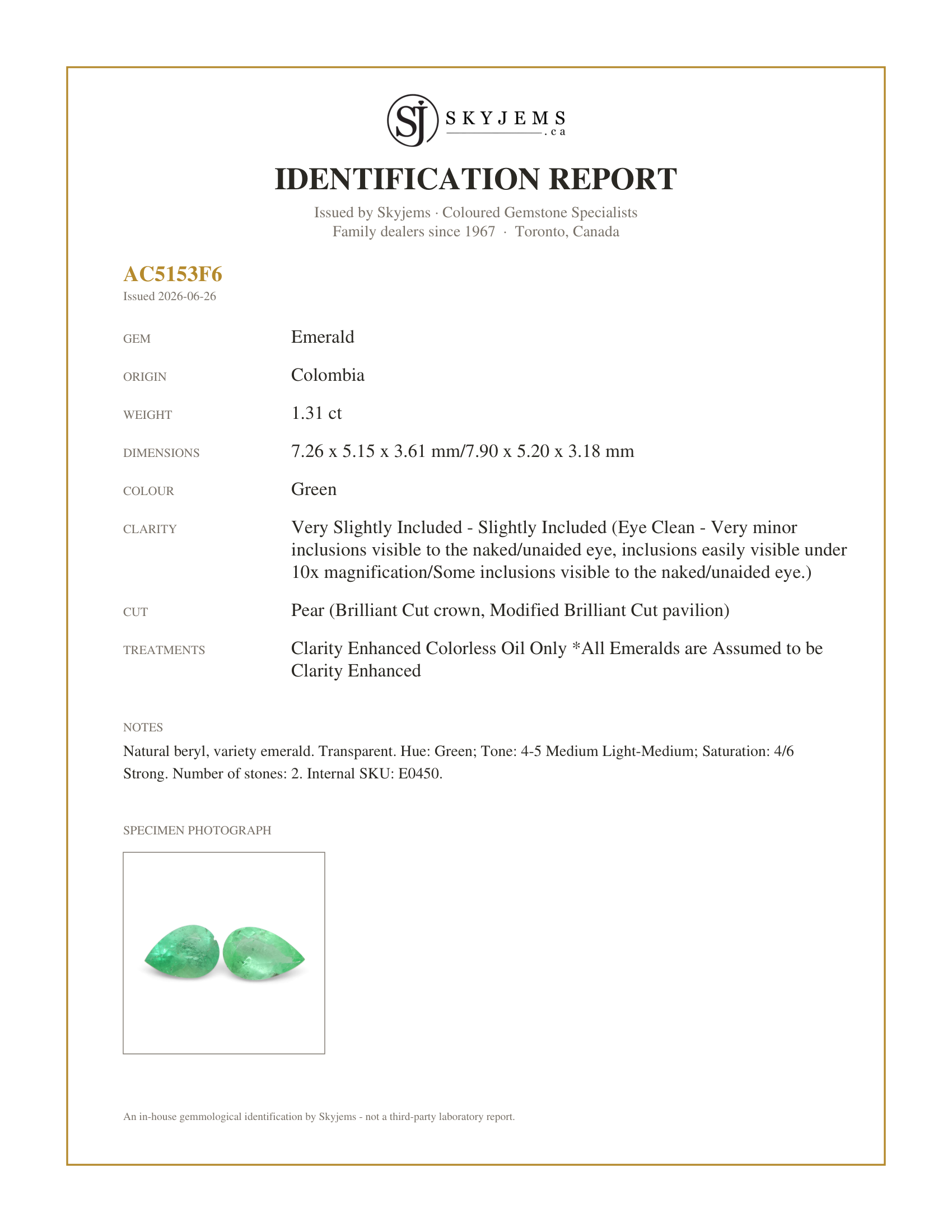 Skyjems Identification Report for E0450 — 1.31ct Pair Pear Green Emerald from Colombia