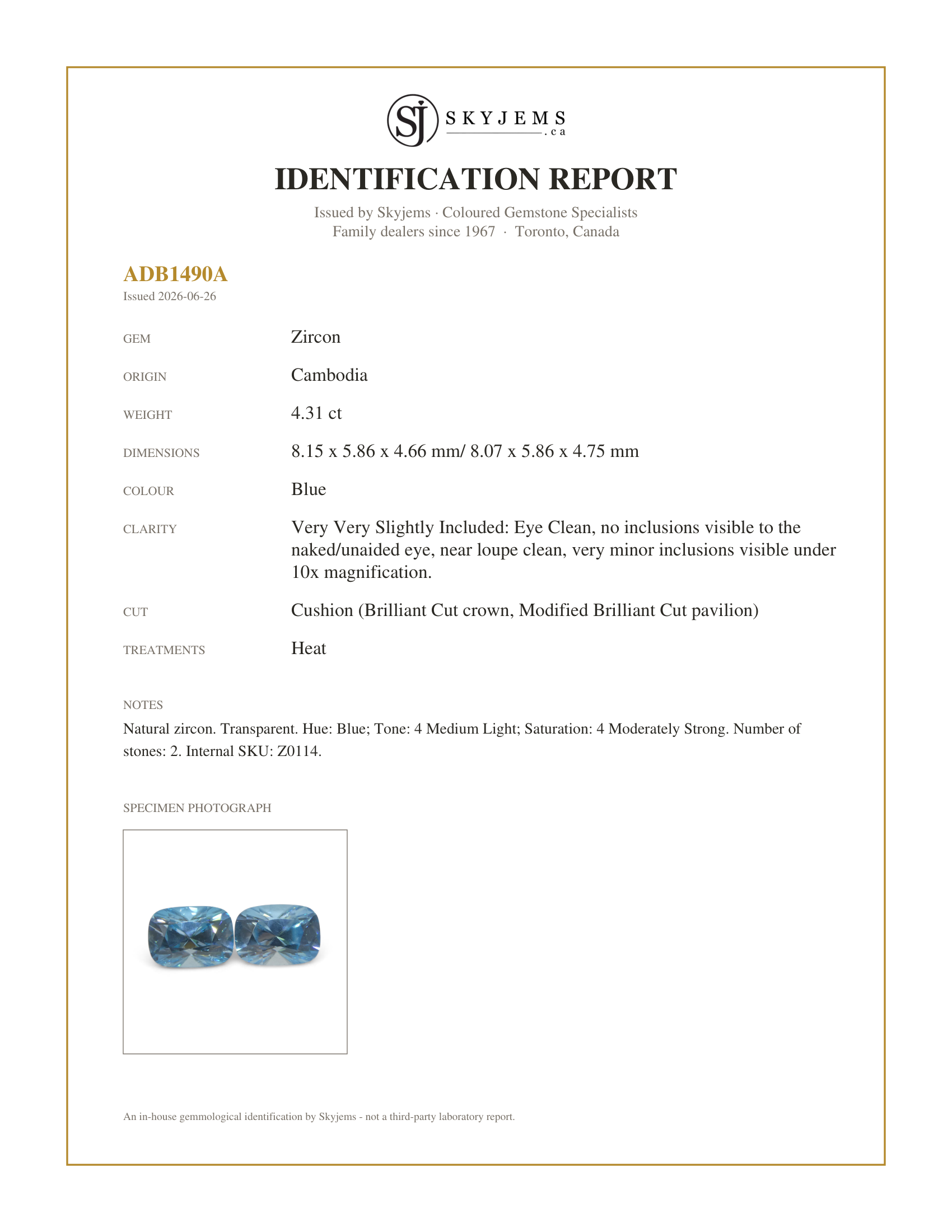 Skyjems Identification Report for Z0114 — 4.31ct Natural Earth Mined Pair Cushion Master Brilliant Cut Blue Zircon from Cambodia