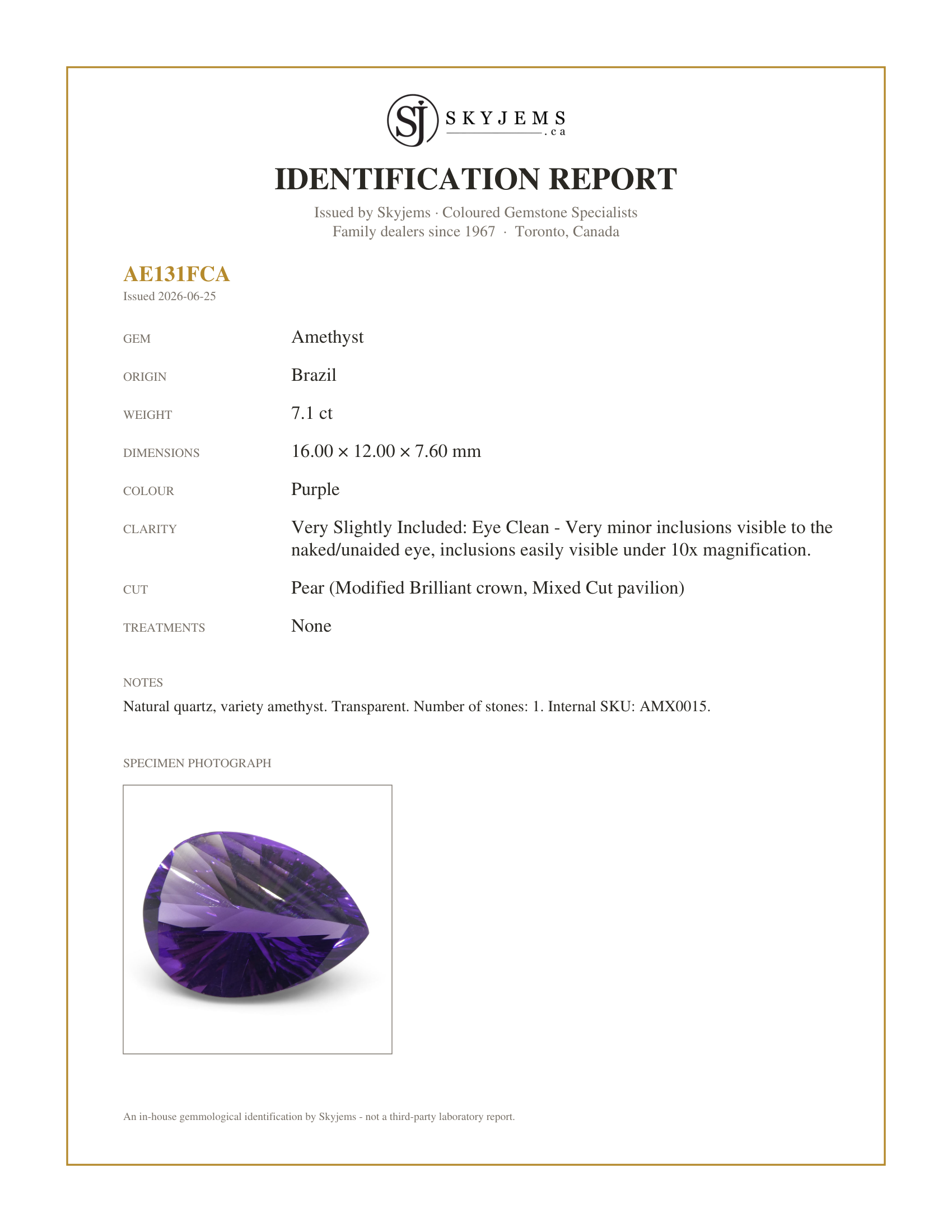 Skyjems Identification Report for AMX0015 — 7.10ct Pear Amethyst 'Gloria' Fantasy/Fancy Cut