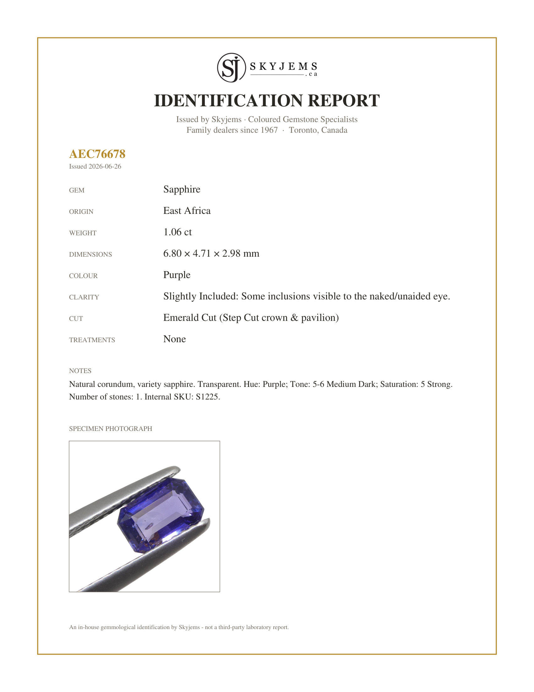 Skyjems Identification Report for S1225 — 1.06ct Emerald Cut Purple Sapphire from East Africa, Unheated