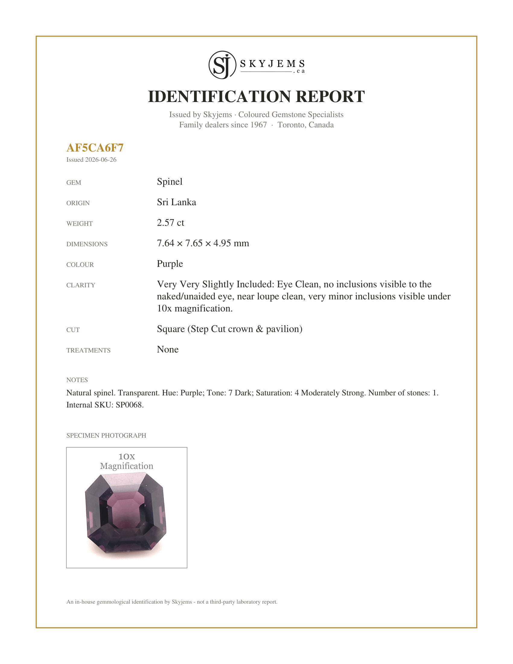 Skyjems Identification Report for SP0068 — 2.57ct Square Purple Spinel from Sri Lanka Unheated
