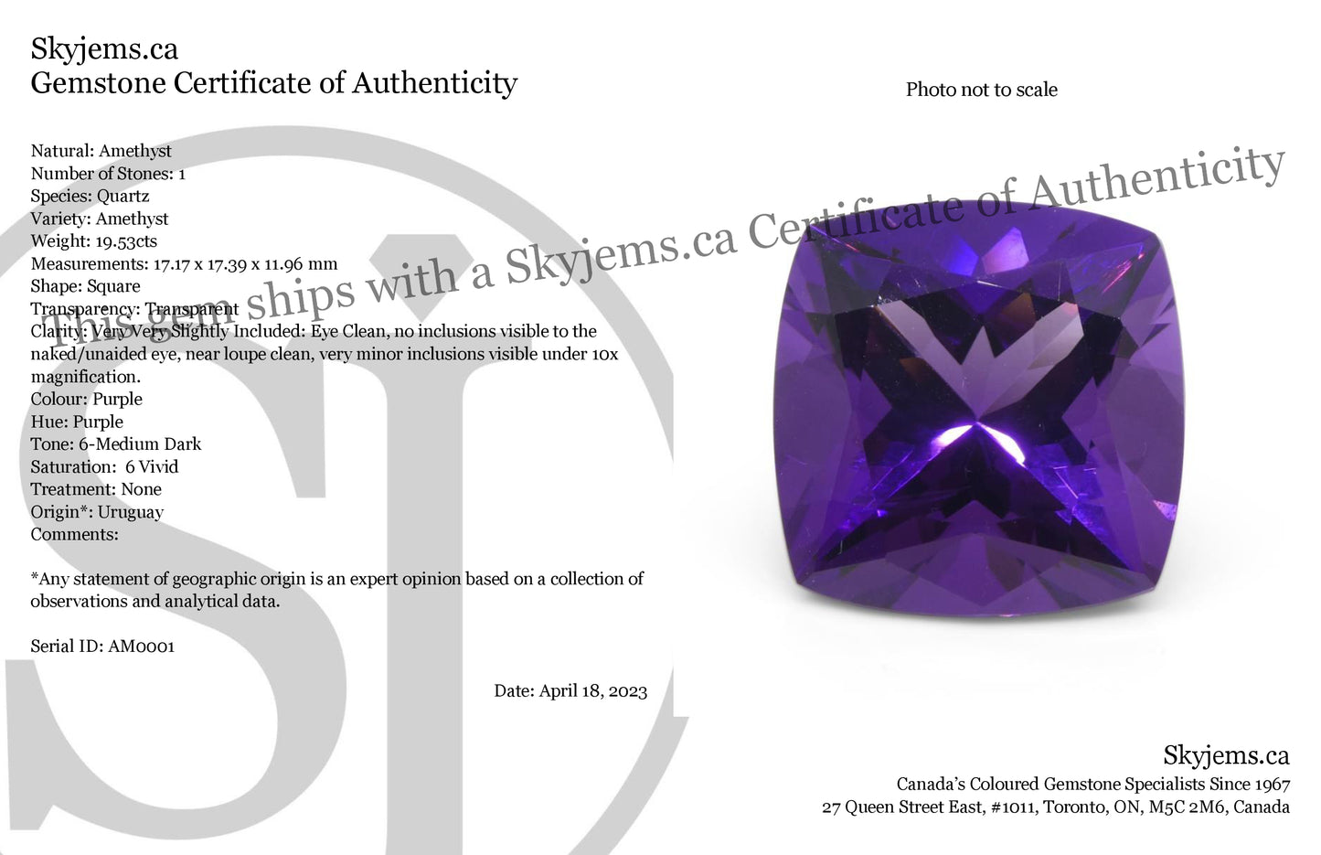 19.53ct Cushion Square Purple Amethyst from Uruguay - Skyjems Wholesale Gemstones